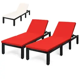Costway - 2PCS Patio Rattan Lounge Chair Chaise Recliner Adjust with Cover - Red/Off white