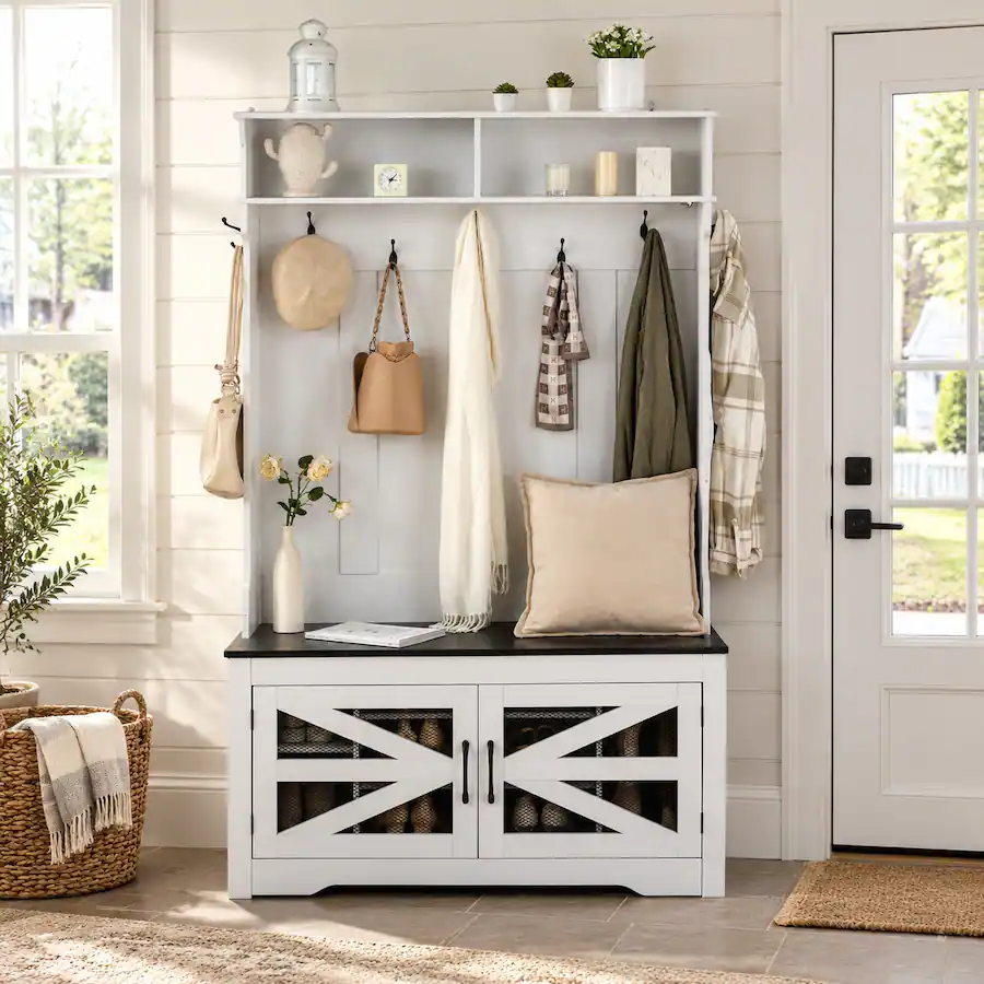 White Entry Bench RYHNUYNE 42 in Hall Tree Entryway Bench, Coat Rack with Shoe Storage ...