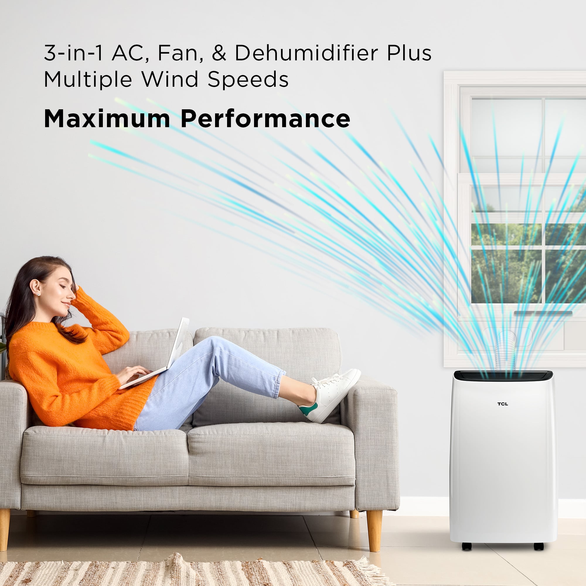 3-in-1 AC, Fan, & Dehumidifier Plus Multiple Wind Speeds Maximum Performance.