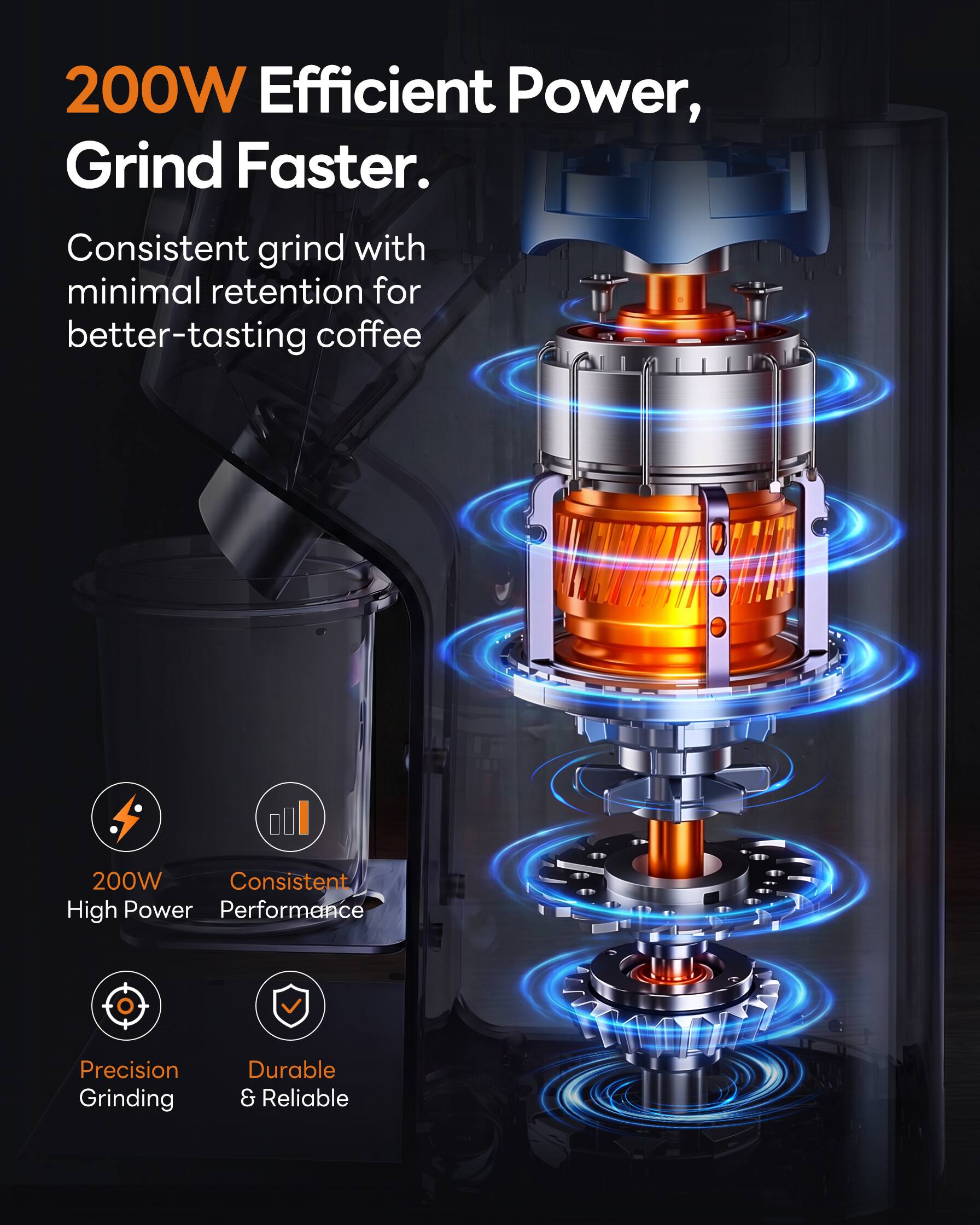 200W Efficient Power, Grind Faster.  
Consistent grind with minimal retention for better-tasting coffee  
200W Consistent High Power Performance  
Precision Grinding  
Durable & Reliable