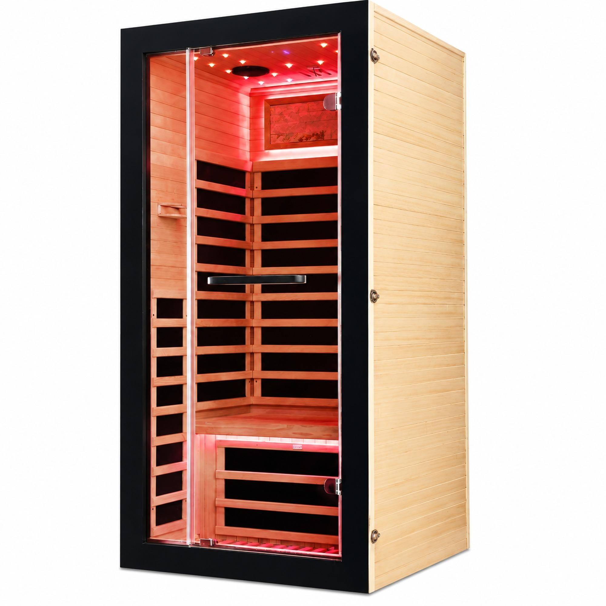 Front. RYHNUYNE - Single-Person Sauna Room, 900x900x1800mm, 1350W, 7 Epoxy Heating Plates, AUS Wood, LED Starry Sky - Ameican White Oak,Black Woodgrain.