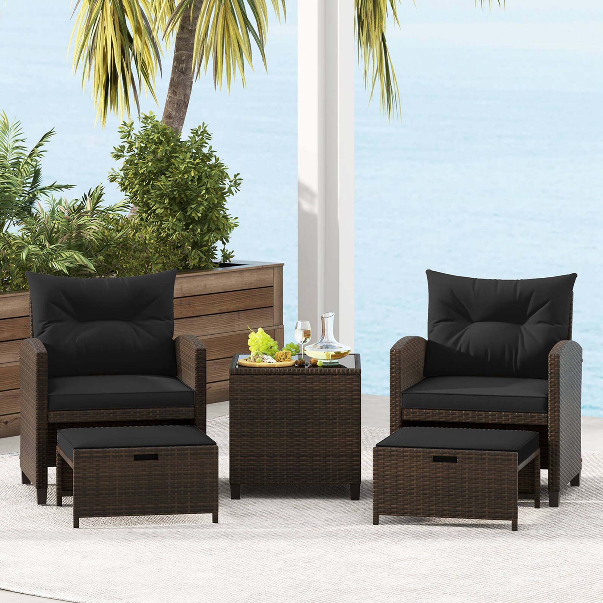 Alt View 4. Costway - 5 Piece Patio Rattan Furniture with 2 Ottomans & Tempered Glass Coffee Table - Black + Mix Brown.