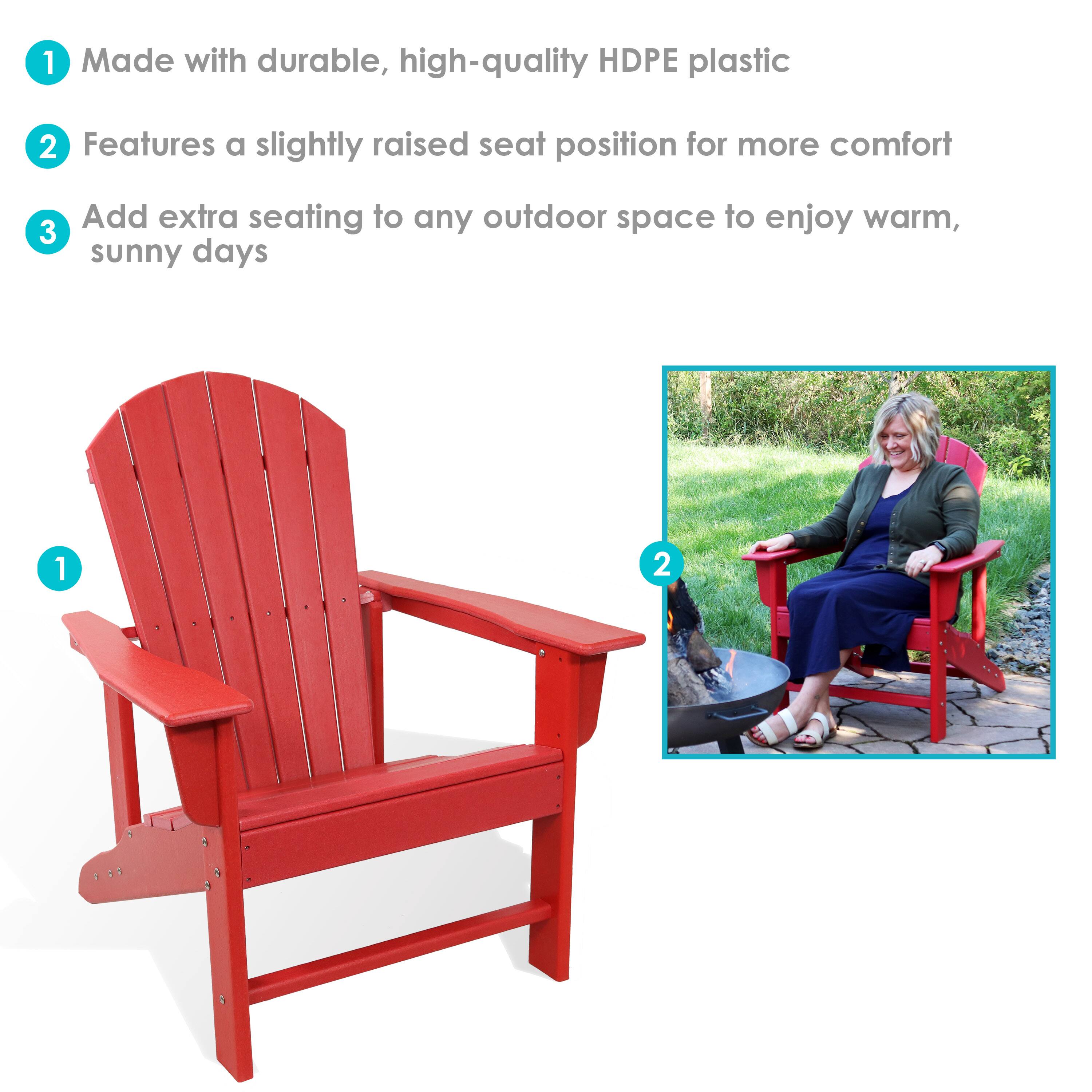 1. Made with durable, high-quality HDPE plastic  
2. Features a slightly raised seat position for more comfort  
3. Add extra seating to any outdoor space to enjoy warm, sunny days