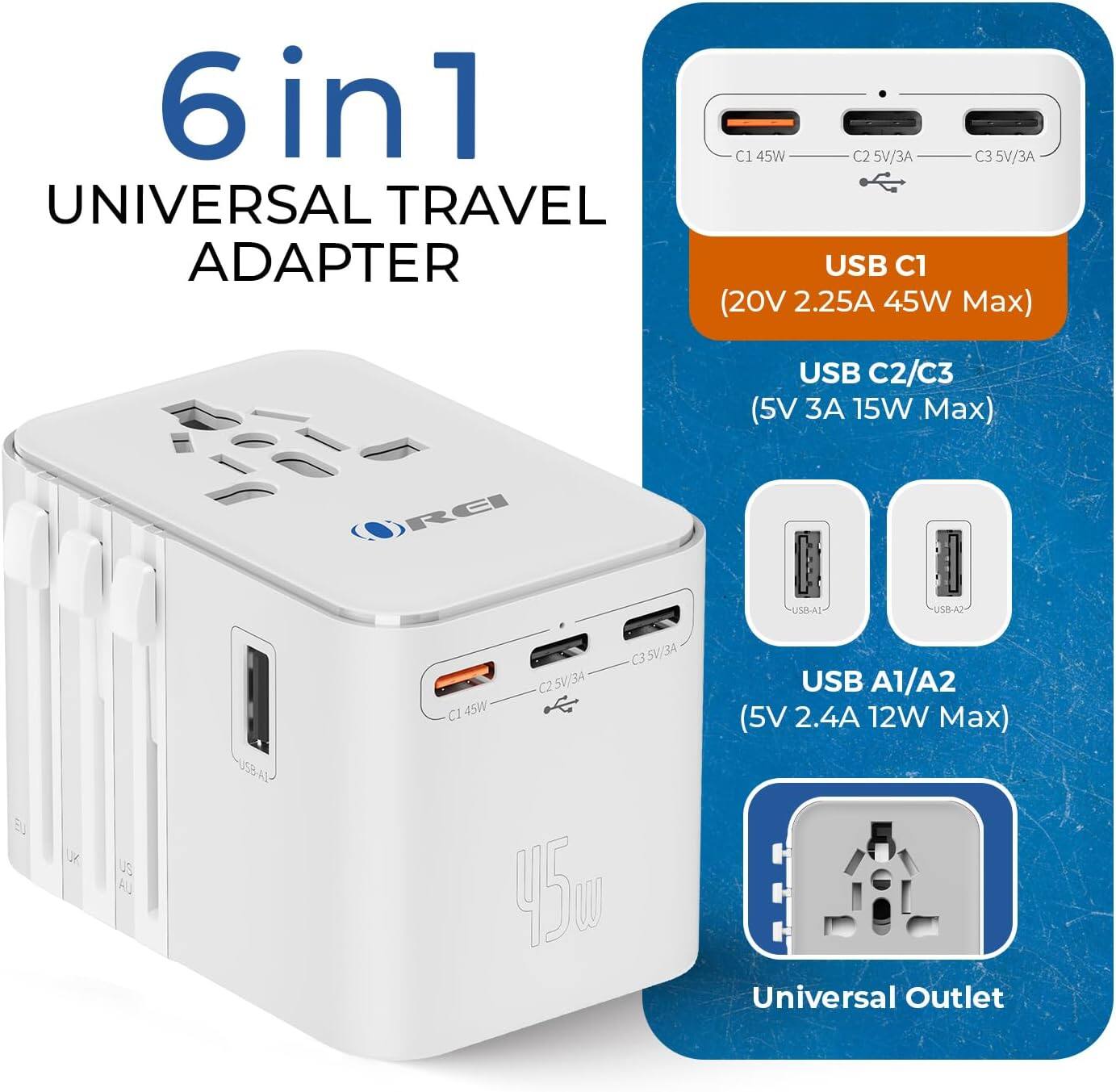 6in1 UNIVERSAL TRAVEL ADAPTER

C1 45W
C2 5V/3A
C3 5V/3A
USB C1 (20V 2.25A 45W Max)
USB C2/C3 (5V 3A 15W Max)
USB A1/A2 (5V 2.4A 12W Max)
Universal Outlet
