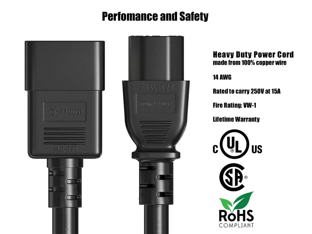 Performance and Safety

Heavy Duty Power Cord made from 100% copper wire
14 AWG
Rated to carry 250V at 15A
Fire Rating: VW-1
Lifetime Warranty

MSL-121
MSL-120

UL US
SA
ROHS COMPLIANT