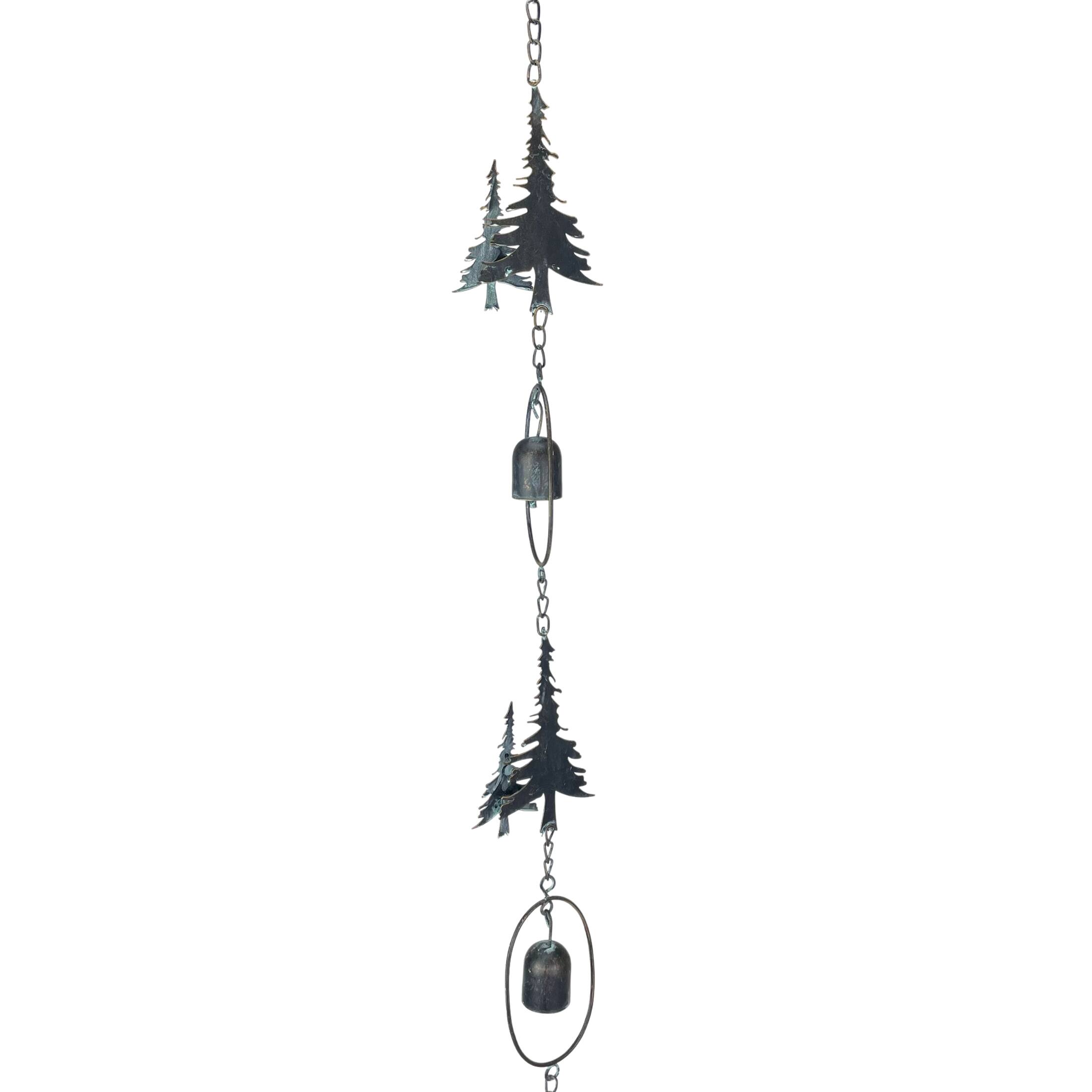 Alt View 1. Things2Die4 - 70" Metal Rain Chain - Forest Trees & Zen Bells, Aged Verdigris, 3.25" Diameter - Black.
