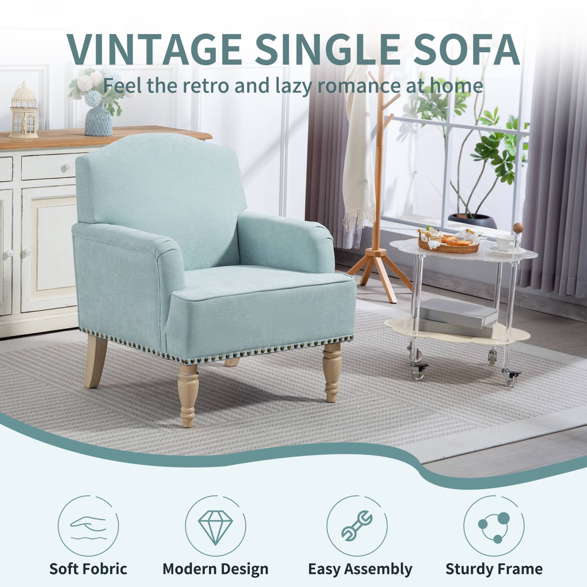 VINTAGE SINGLE SOFA  
Feel the retro and lazy romance at home  

Soft Fabric  
Modern Design  
Easy Assembly  
Sturdy Frame