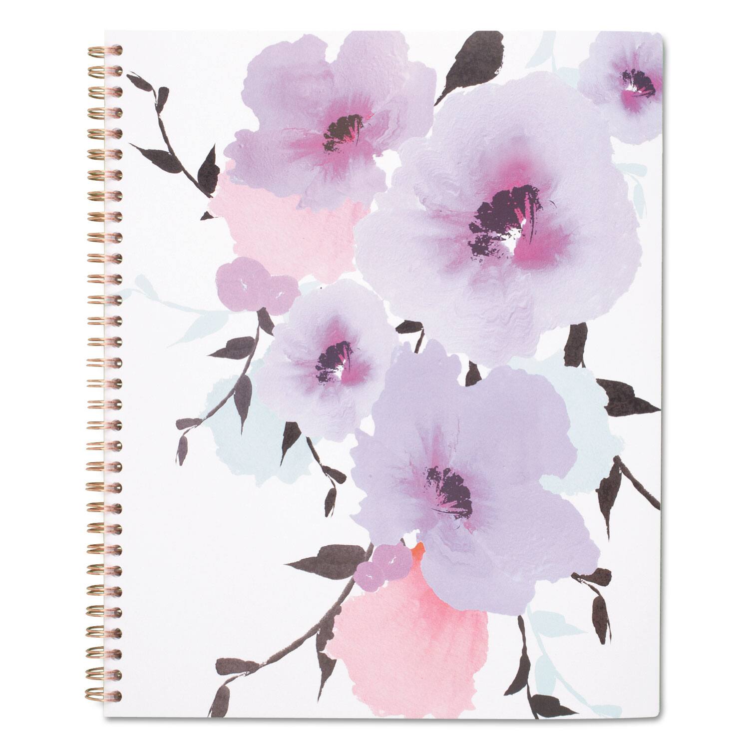 Angle. Cambridge - Mina Weekly Monthly Planner Floral Artwork 11 x 8.5 White Violet Peach Cover 12 Month Jan to Dec 2026.