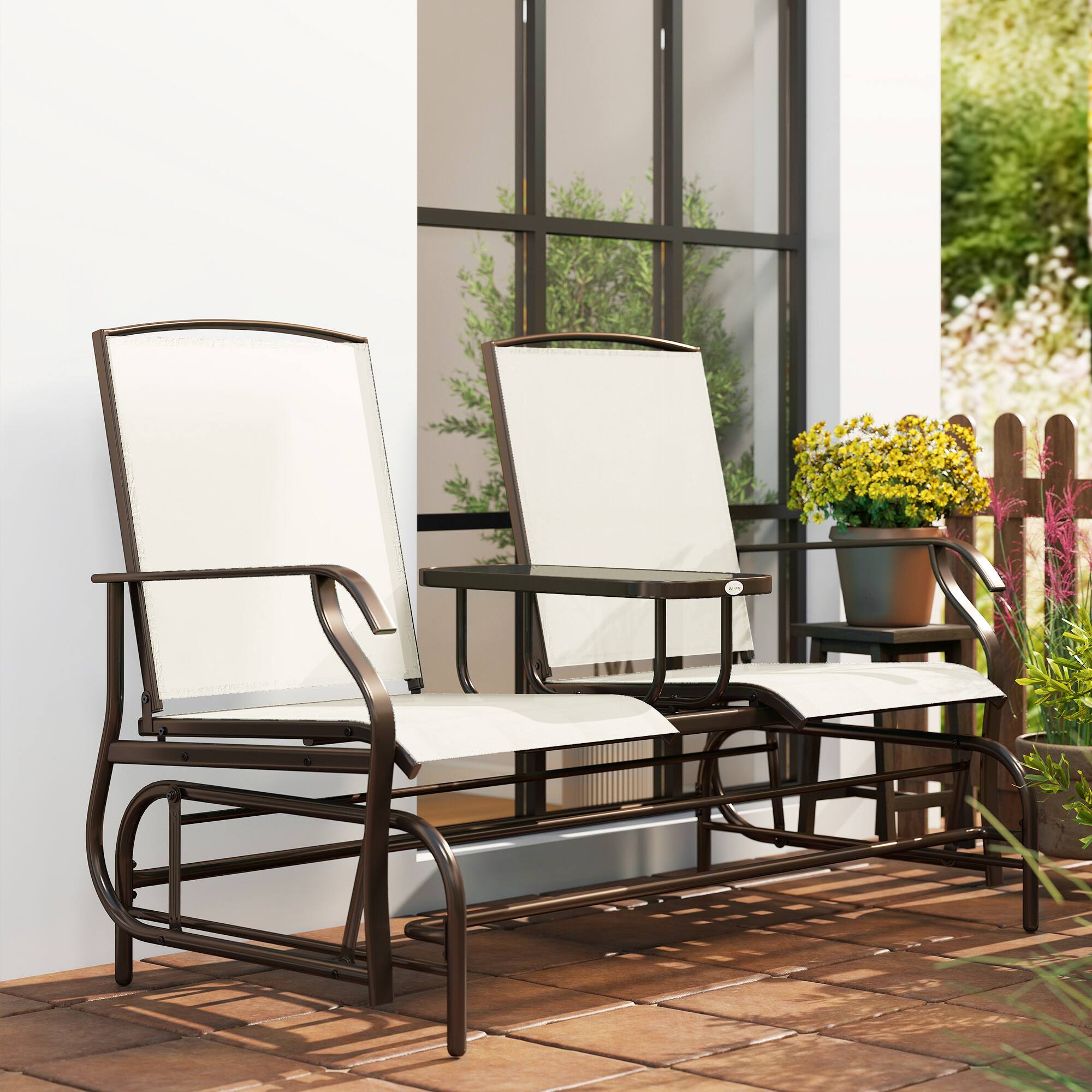 Alt View 8. Outsunny - Outdoor Glider Bench with Center Table, Metal Frame Patio Loveseat with Breathable Mesh Fabric and Armrests - Beige.