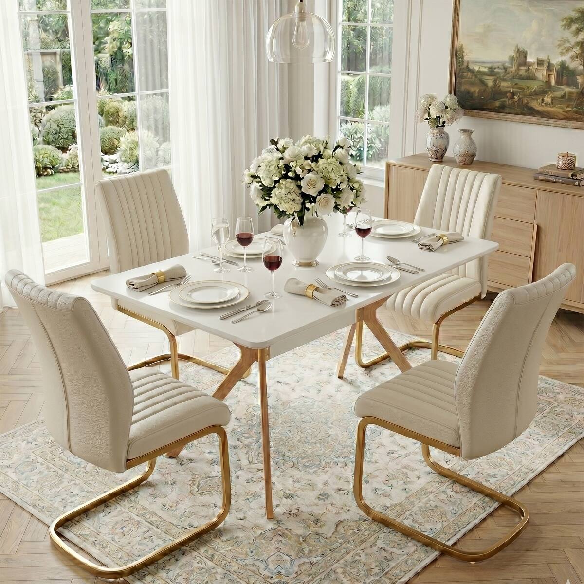 Left. Loheer - Loheer Modern White Dining Table with MDF Top and Metal Legs - White.