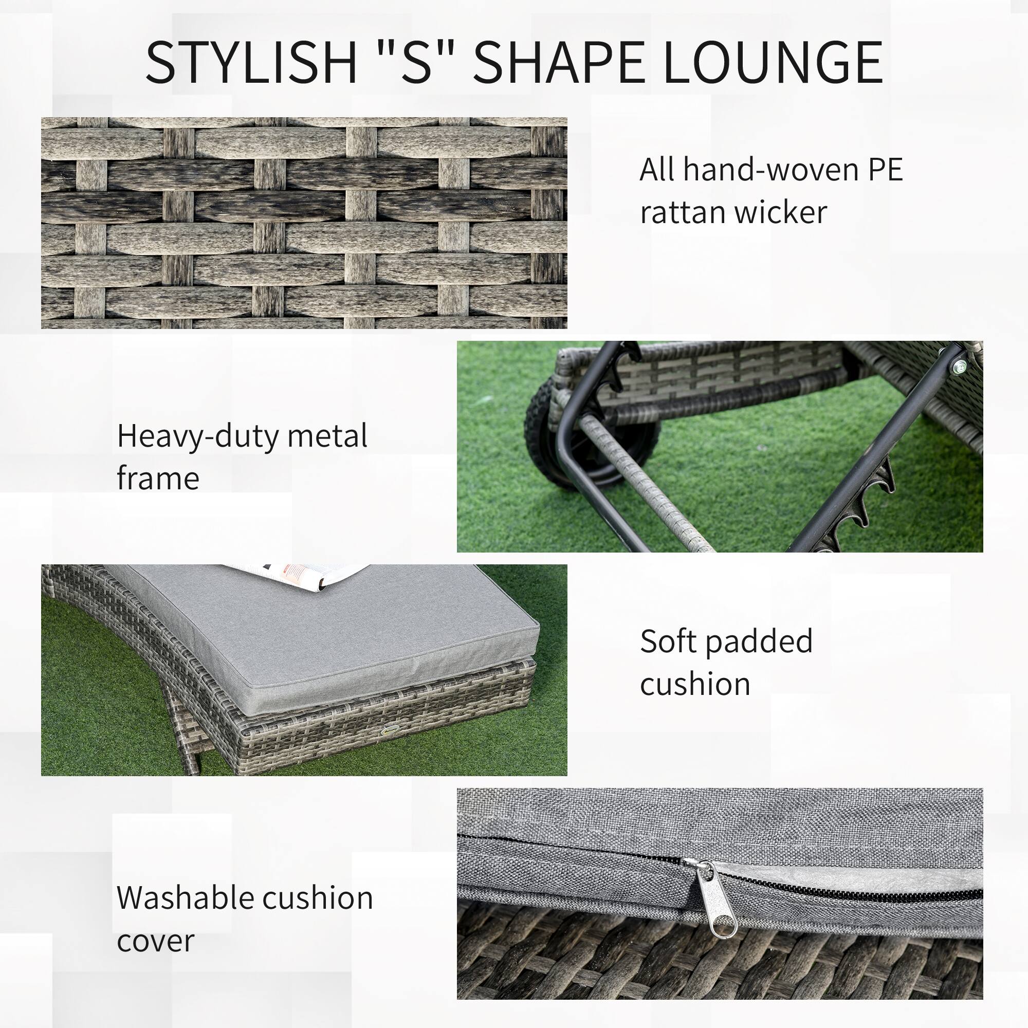 STYLISH "S" SHAPE LOUNGE

- All hand-woven PE rattan wicker
- Heavy-duty metal frame
- Soft padded cushion
- Washable cushion cover