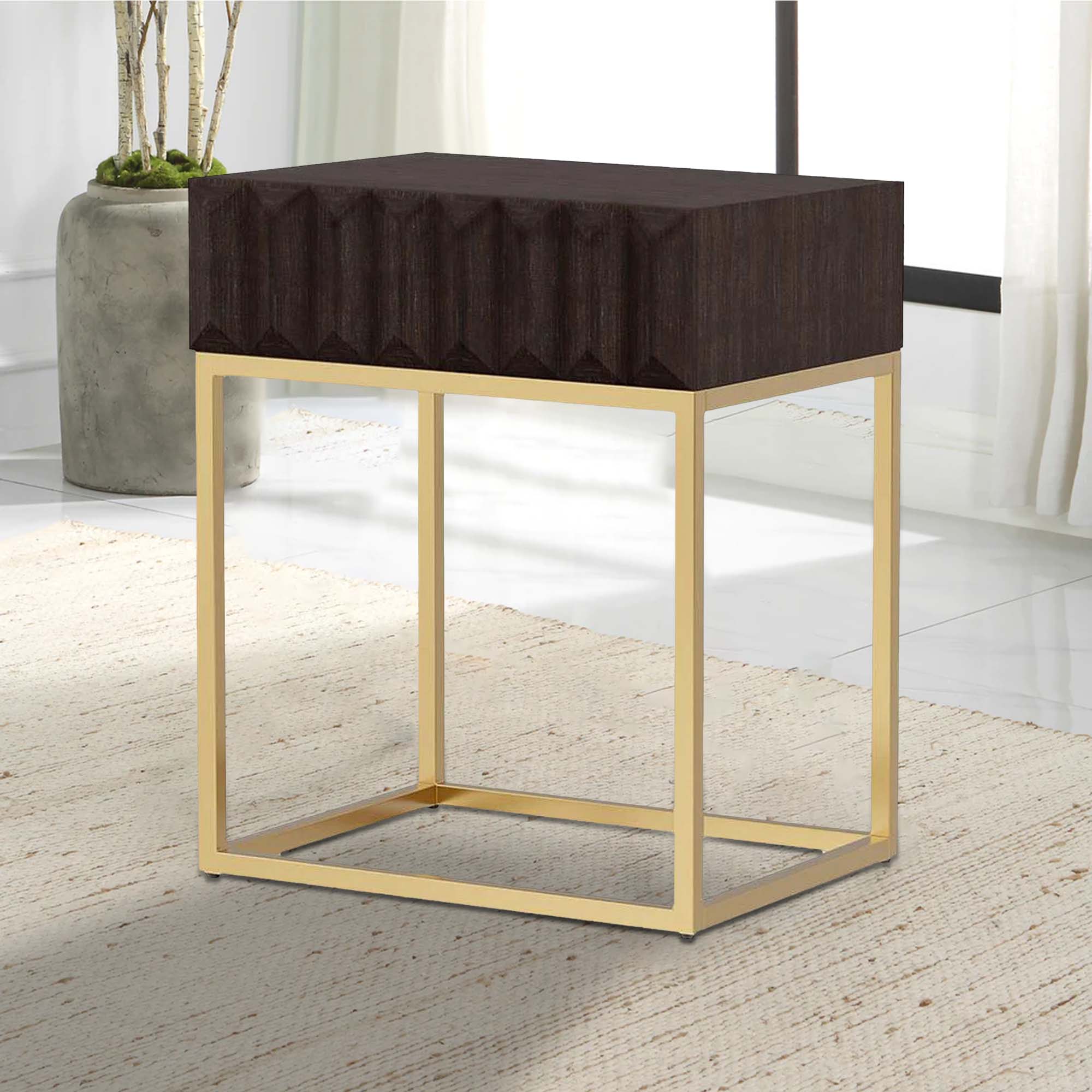 Alt View 5. Manhattan Lane - Bran 24 Inch Modern Side End Table, Brown Wood, Gold Steel Base, 1 Drawer - Dark Brown, Gold.