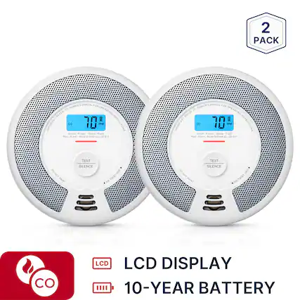 2 PACK
IMPORTANT: REFER TO OWNER'S MANUAL FOR OPERATING INSTRUCTIONS
CO 70 PPM
Green - Power
Yellow - Fault
Red - Alarm
Move to fresh air. Call 911
DO NOT PAINT
TEST SILENCE
LCD DISPLAY
10-YEAR BATTERY