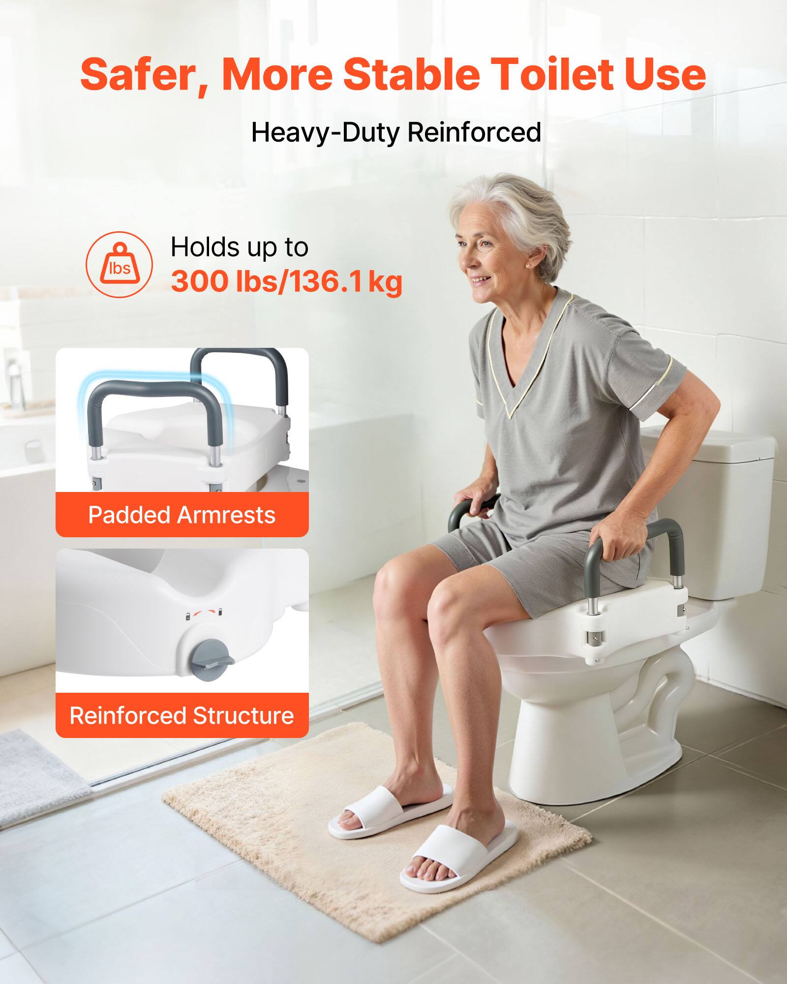 Safer, More Stable Toilet Use

Heavy-Duty Reinforced

Holds up to 300 lbs/136.1 kg

Padded Armrests

Reinforced Structure