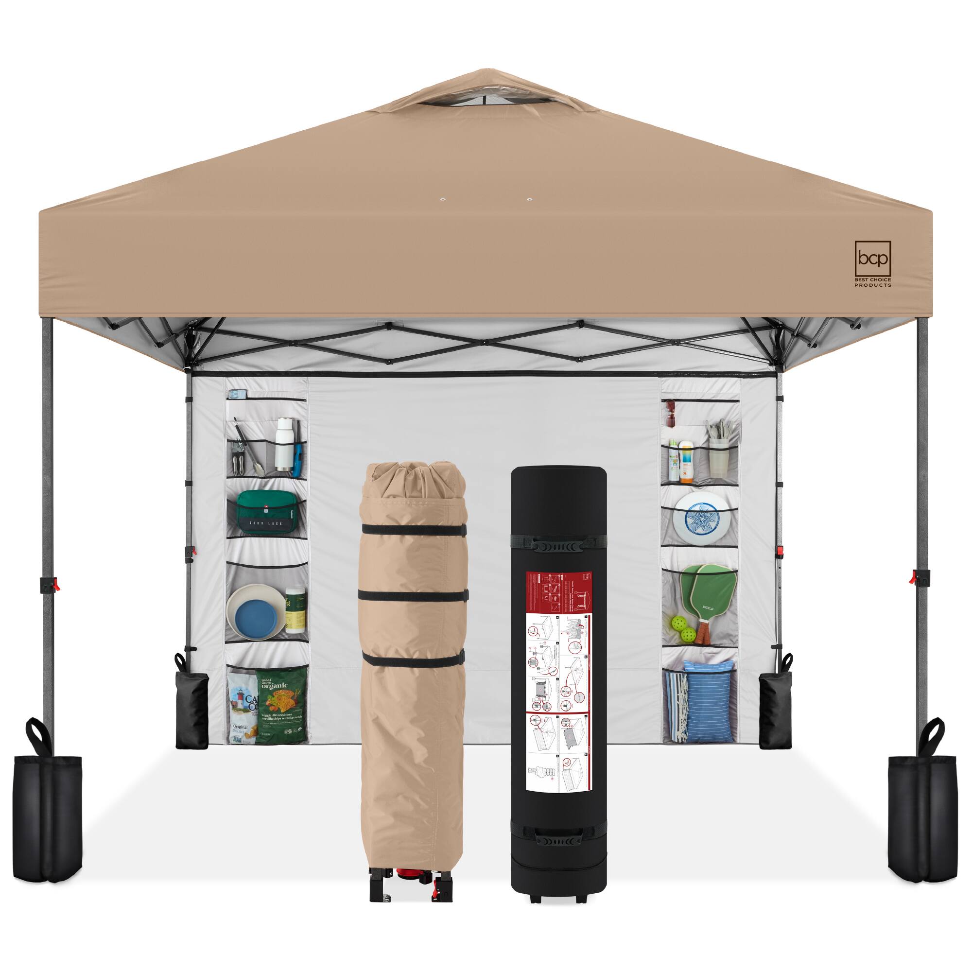 Best Choice Products - 10x10ft Easy Setup Pop Up Canopy, Portable Tent w/ Side Wall, 1-Button Push, Case - Tan