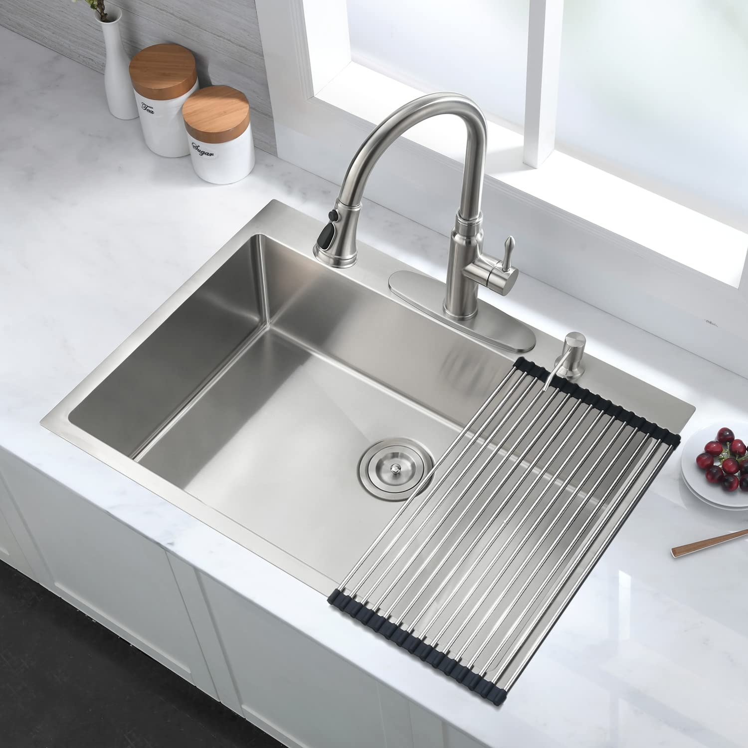 Alt View 2. TinyHomie - 30 Inch 2-Hole Single Bowl Drop-In Stainless Steel Kitchen Sink with Bottom Grid and Basket Strainer - brown.