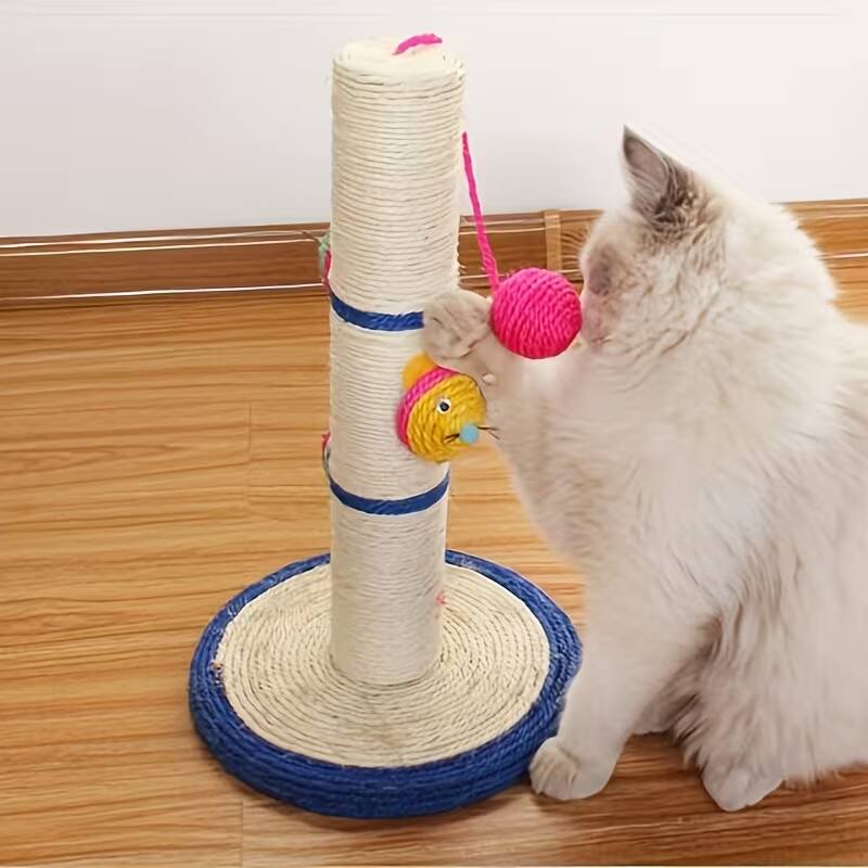 Back. Oumilen - Sisal Cat Scratching Post with Hanging Pom-Pom Ball & Cartoon Mouse Toys, 16 in Height for Indoor Cats Claw Sharpener - White.