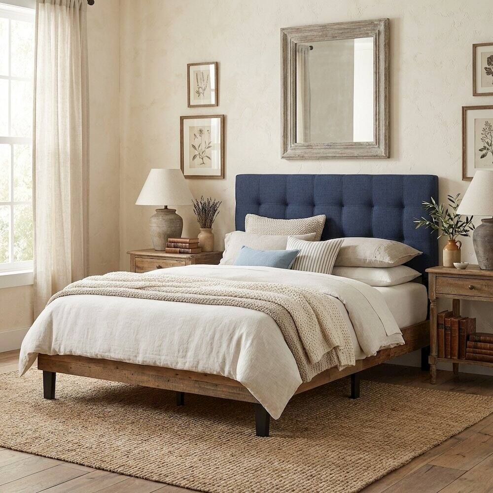 Angle. FurniFact - Upholstered Fabric King Headboard with Soft Padding and Elegant Design - Blue.