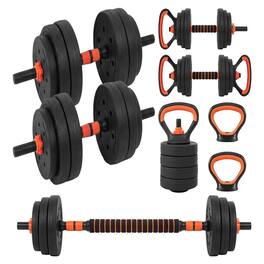 SereneLife - SQUATZ 45/70/90 lb Adjustable Dumbbell Set, 4-in-1 with Kettlebell & Barbell, Round Weight Set - Red