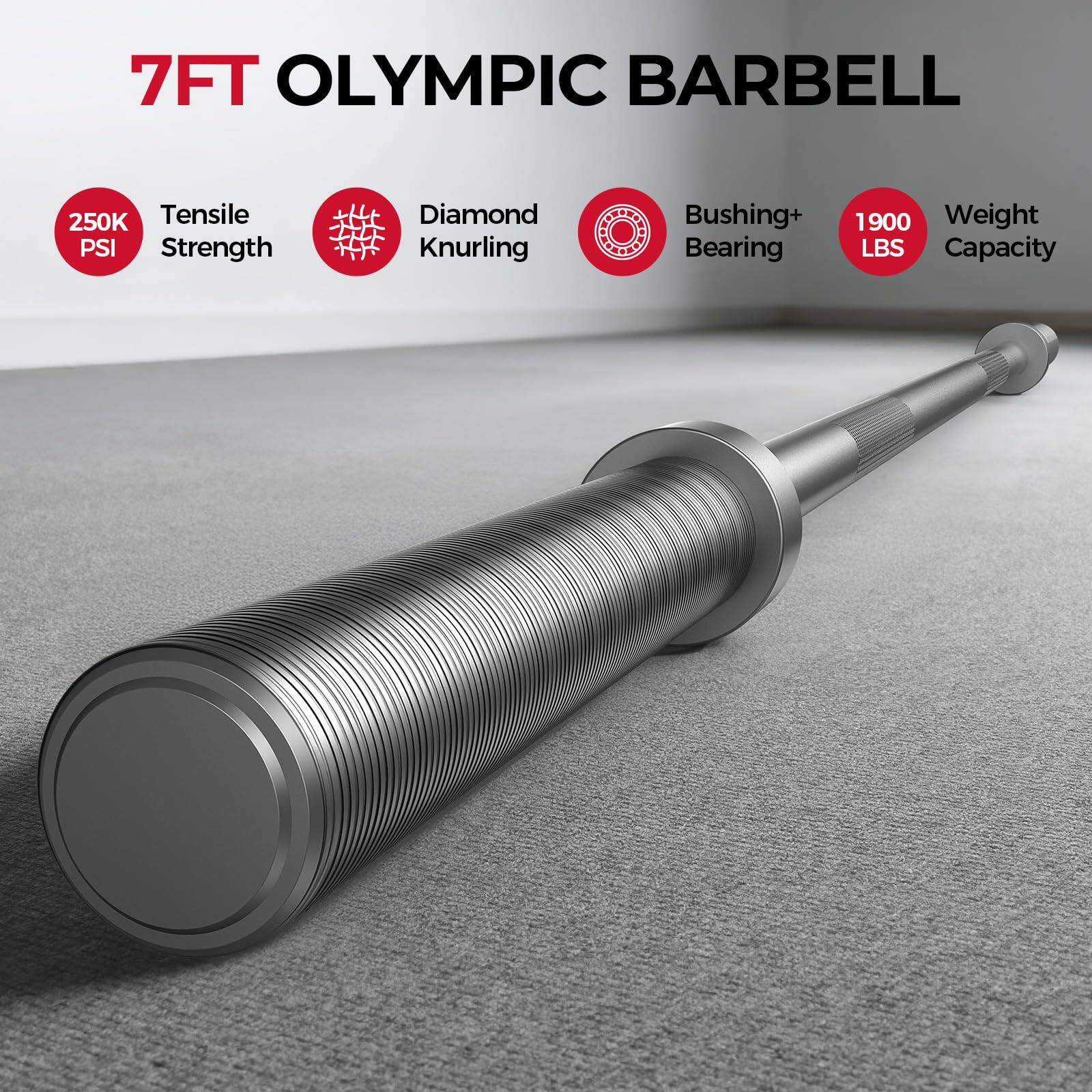 7FT OLYMPIC BARBELL

- 250K Tensile Strength
- Diamond Knurling
- Bushing+ Bearing
- 1900 LBS Weight Capacity
