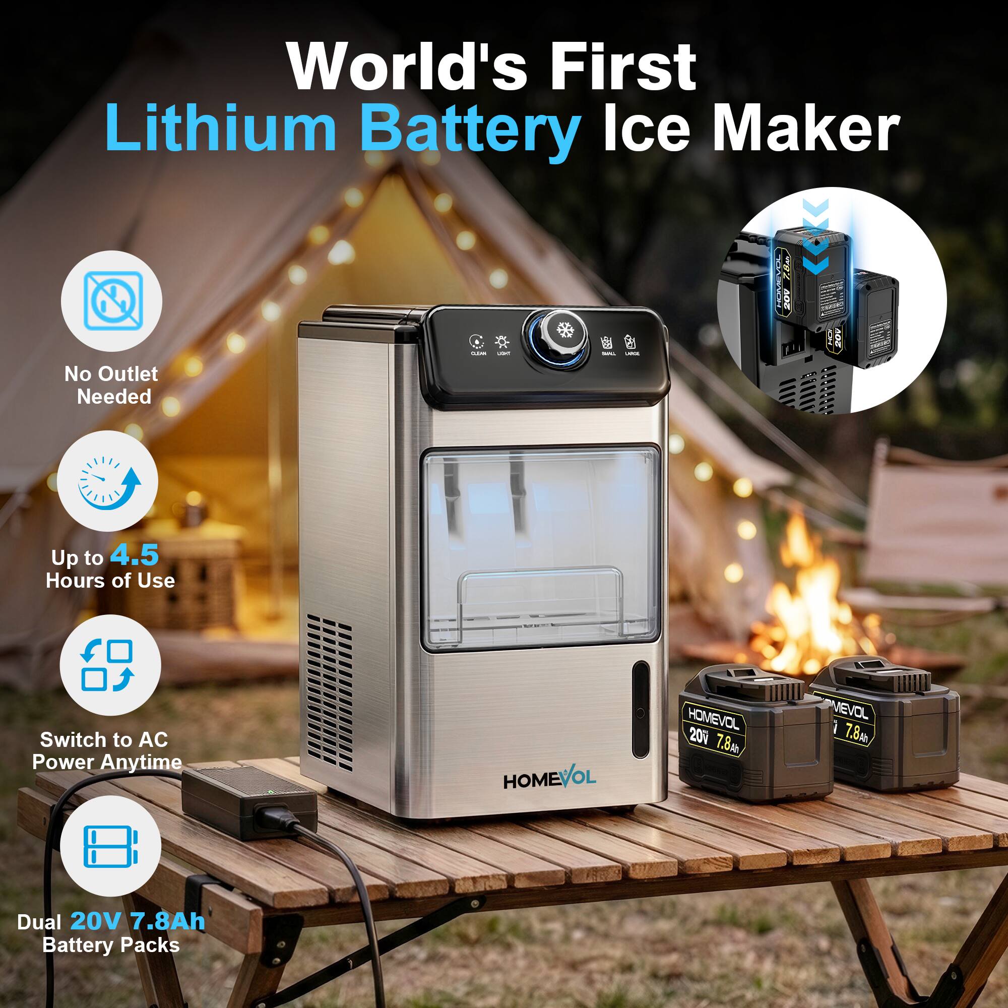 World's First Lithium Battery Ice Maker

- No Outlet Needed
- Up to 4.5 Hours of Use
- Switch to AC Power Anytime
- Dual 20V 7.8Ah Battery Packs

HOMEVOL