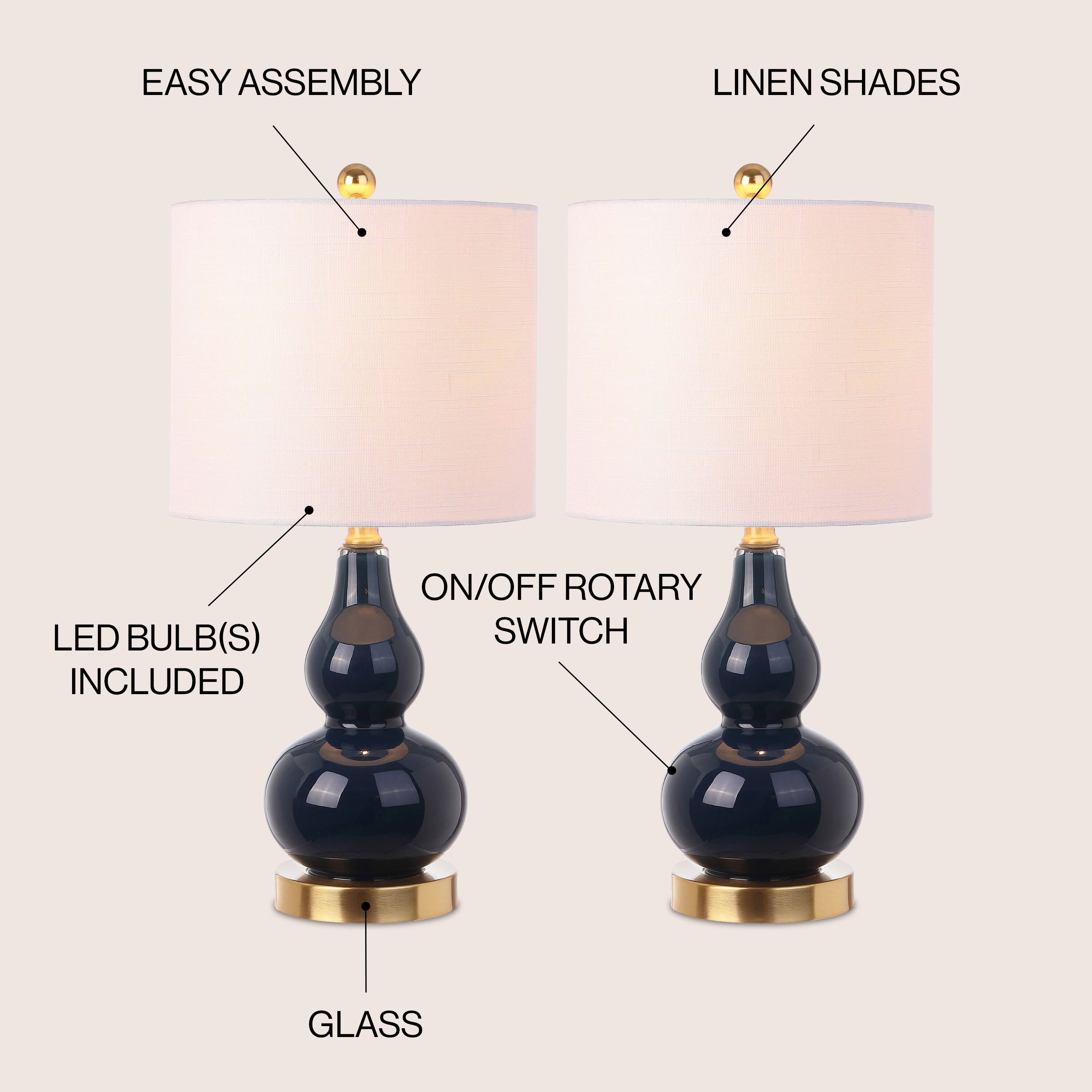 - EASY ASSEMBLY
- LINEN SHADES
- LED BULB(S) INCLUDED
- ON/OFF ROTARY SWITCH
- GLASS
