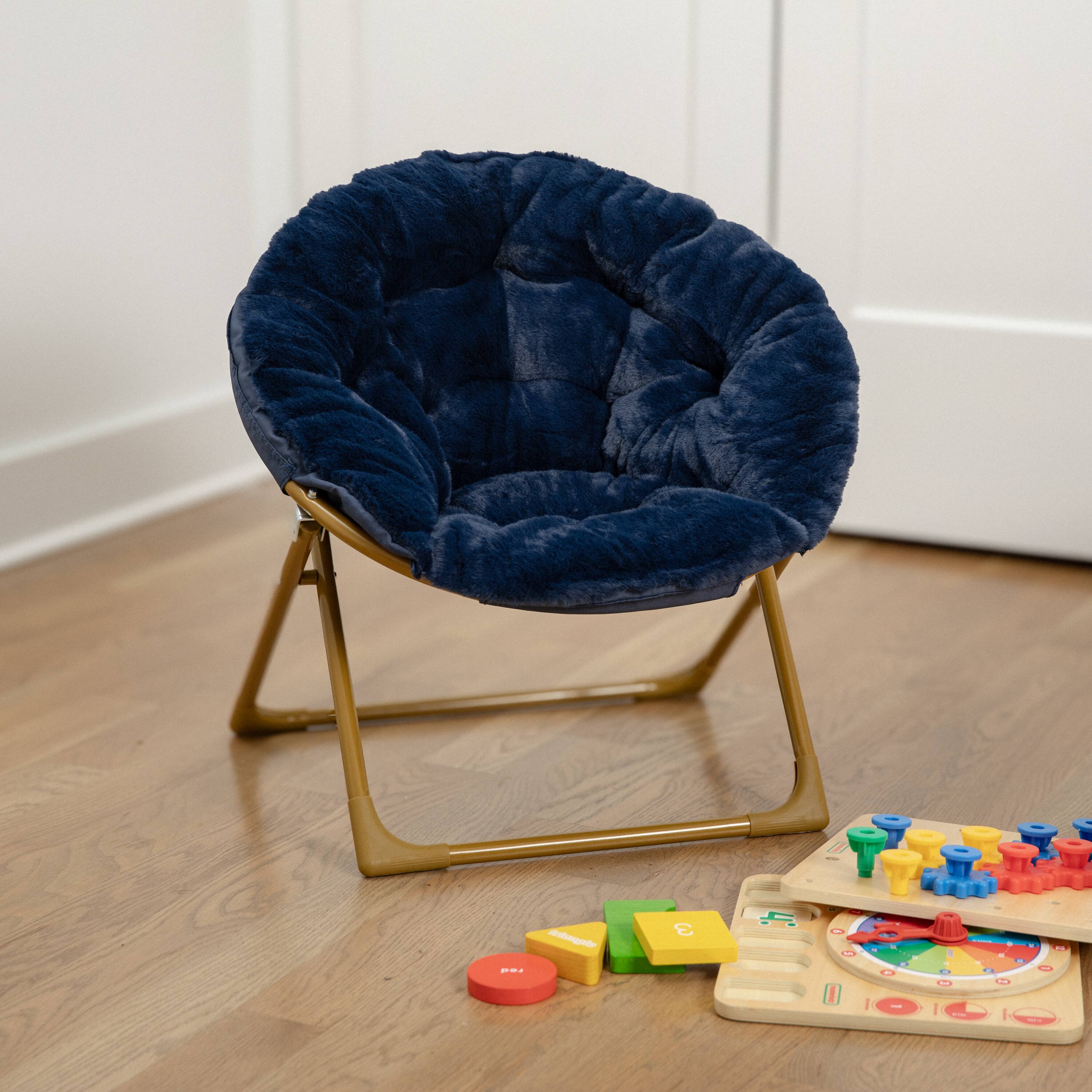 Alt View 1. Emma + Oliver - Io Kid's Folding Saucer Chair with Cozy Faux Fur Upholstery and Metal Frame for Playroom, Bedrooms, Nursery and More - Navy Faux Fur/Soft Gold Frame.