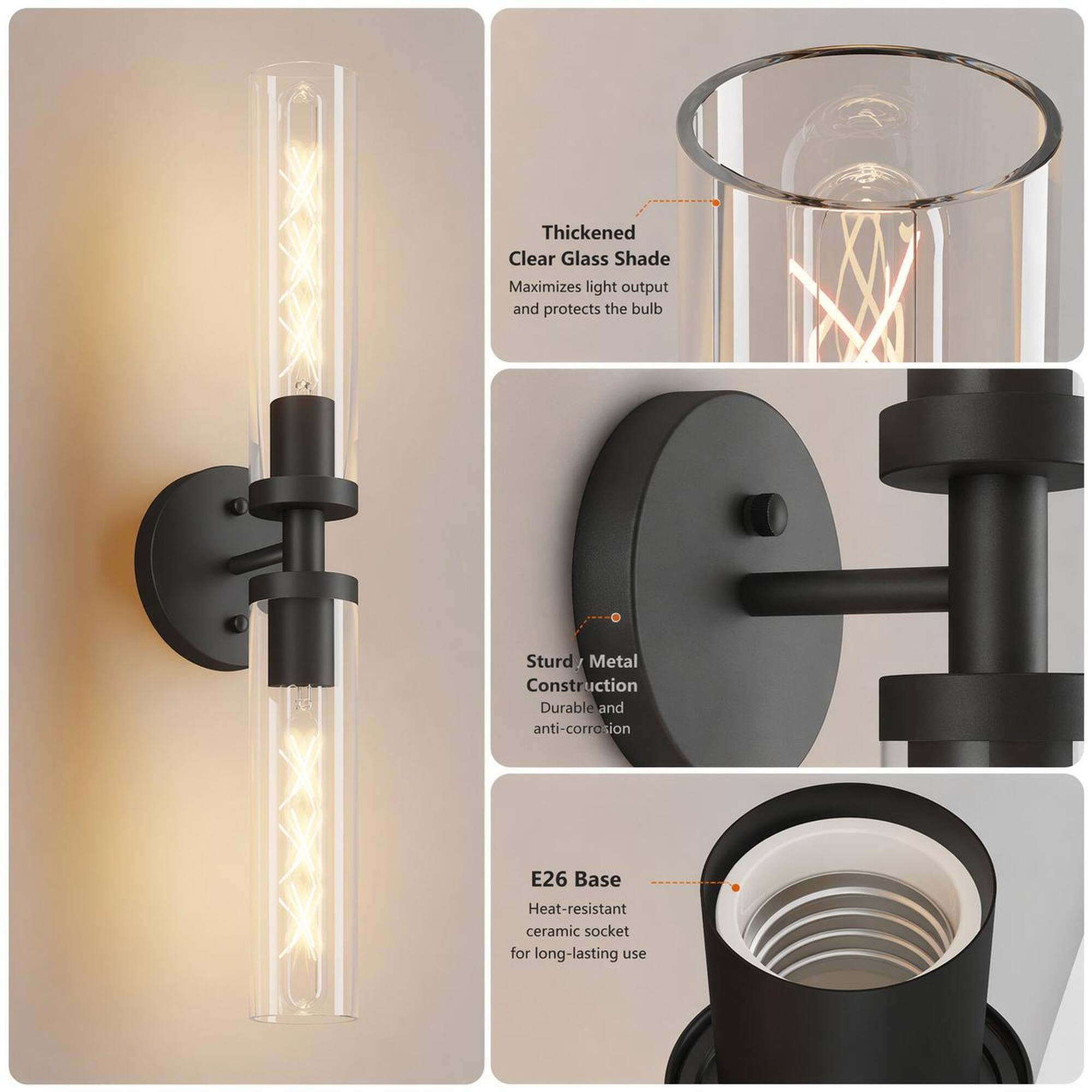 Thickened Clear Glass Shade Maximizes light output and protects the bulb

Sturdy Metal Construction Durable and anti-corrosion

E26 Base

Heat-resistant ceramic socket for long-lasting use