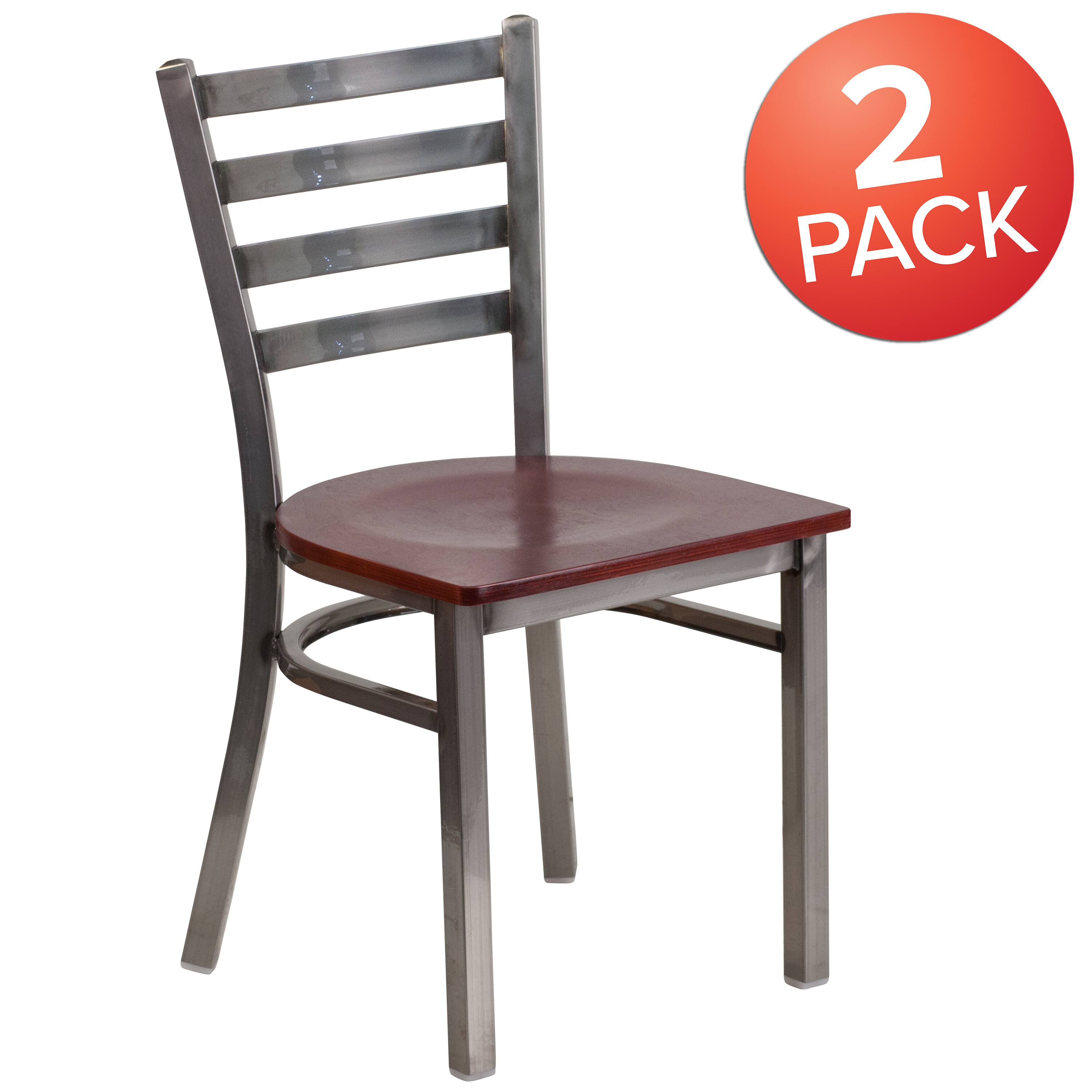 Alt View 1. Emma + Oliver - 2 Pack Clear Coated Ladder Back Metal Restaurant Chair - Mahogany Wood Seat/Clear Coated Metal Frame.