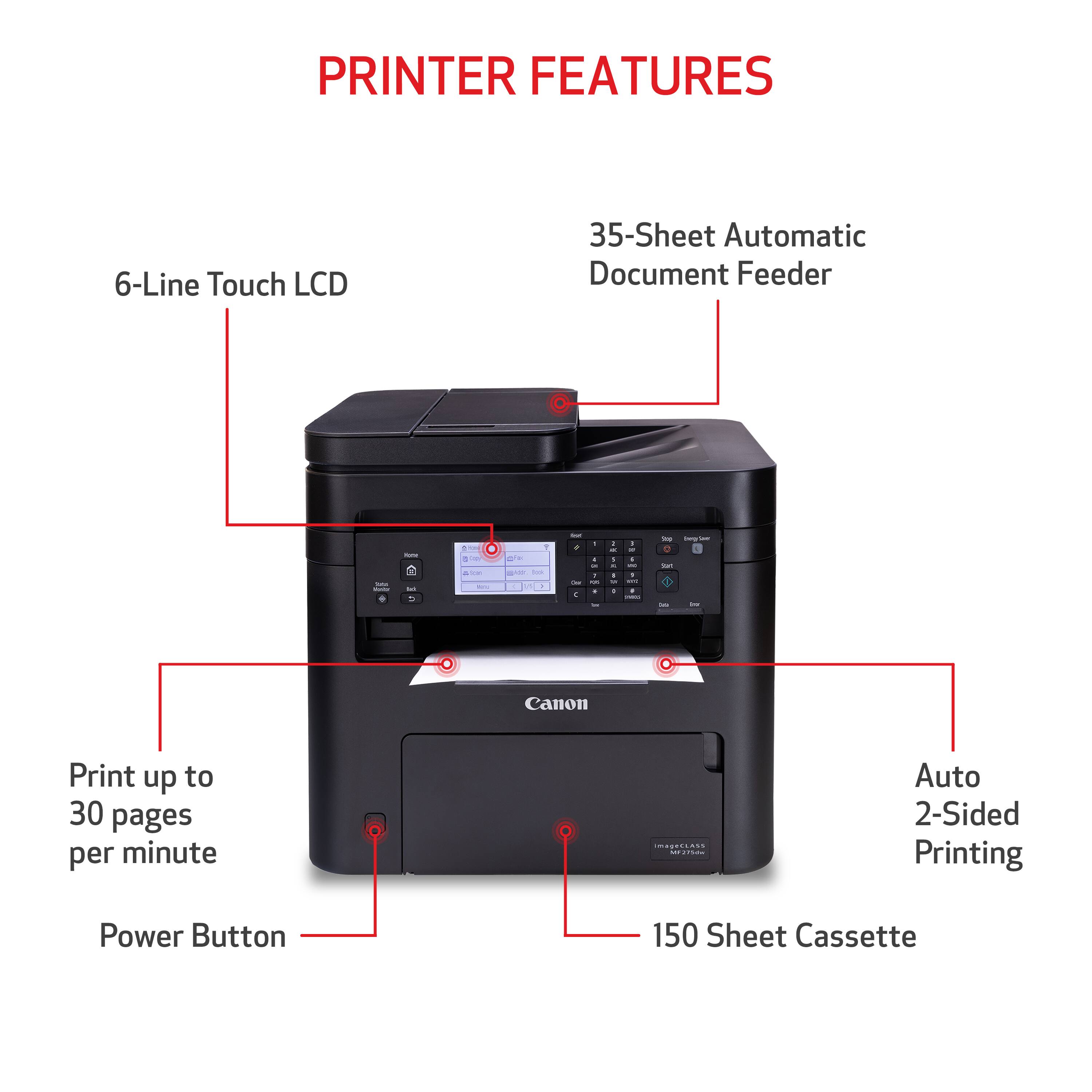 Printer Features:

1. 6-Line Touch LCD
2. 35-Sheet Automatic Document Feeder
3. Canon Print up to 30 pages per minute
4. Auto 2-Sided Printing
5. Power Button
6. 150 Sheet Cassette