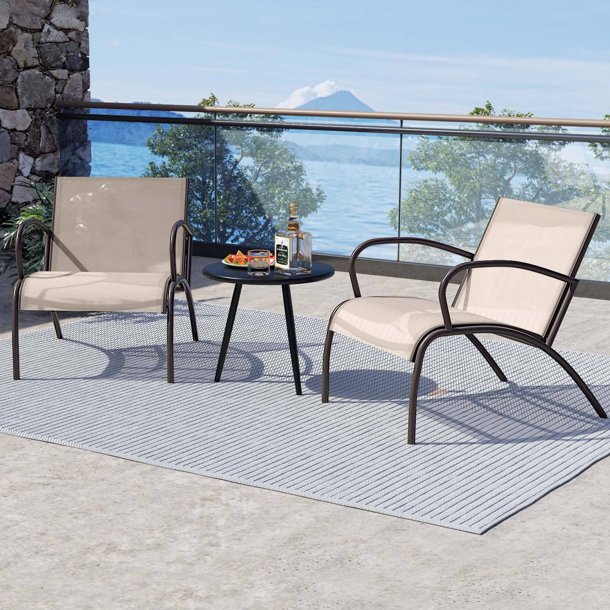 Alt View 4. Gymax - Gymax 3 Piece Patio Chair Set w/ Curved Fabric Seat Round Coffee Table for Backyard - Light Brown.