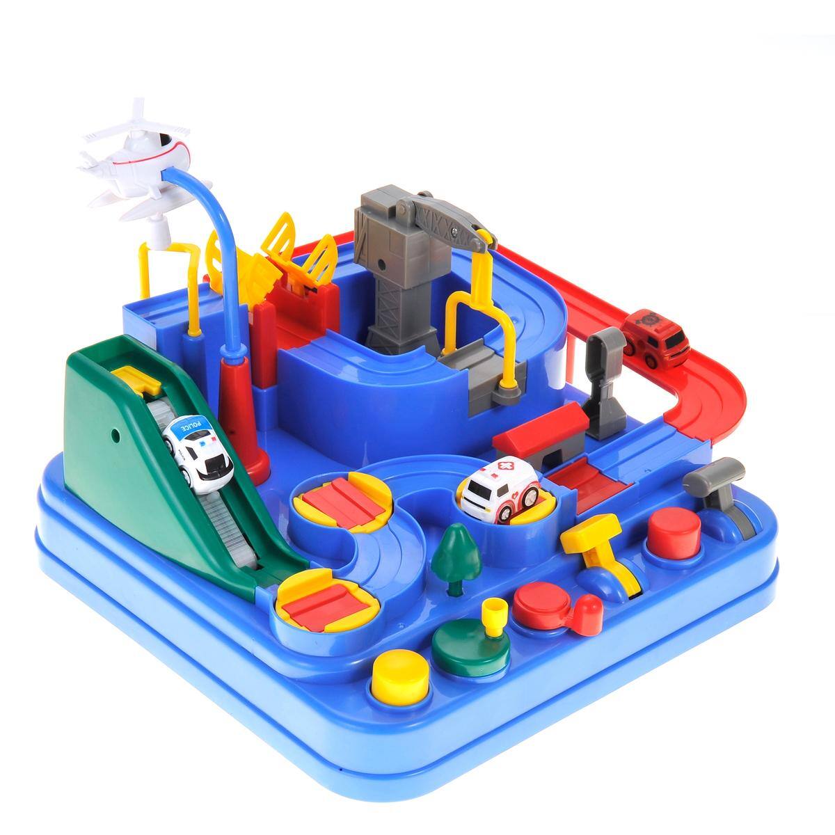 JuzToys - Kids Blue Race Track Car Adventure Toy - City Rescue Playset with Mini Cars Playset, Magnetic Puzzle Rail Car for Kids - Multi