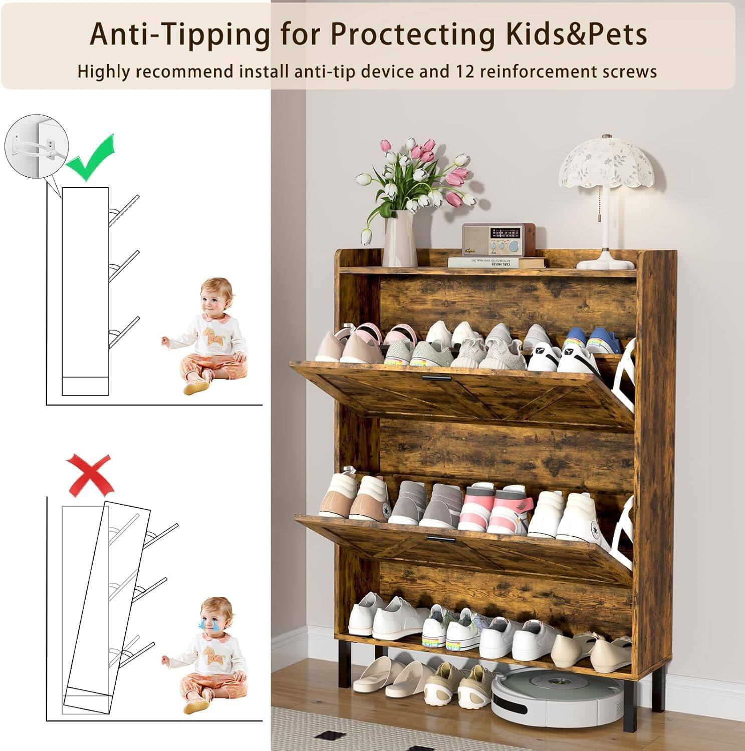 Anti-Tipping for Protecting Kids & Pets
Highly recommend install anti-tip device and 12 reinforcement screws