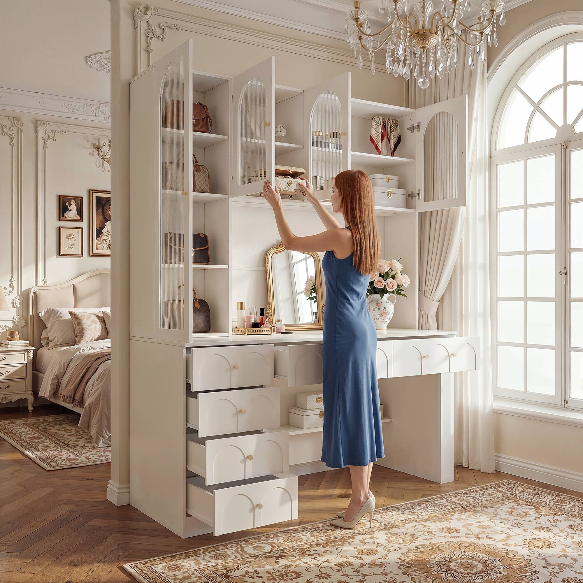 Back. Famapy - French Vintage Vanity & Desk Combo – White Arched Cabinet with Drawer, Glass Doors, for Bedroom or Home Office - White.