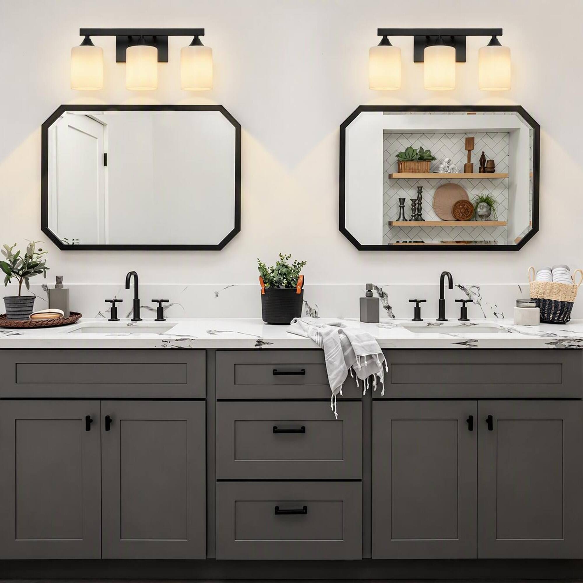 Back. RYHNUYNE - Matte Black 3-Light Bathroom Vanity Light, Moisture-Resistant Metal Wall Sconce with Frosted Glass Shades.