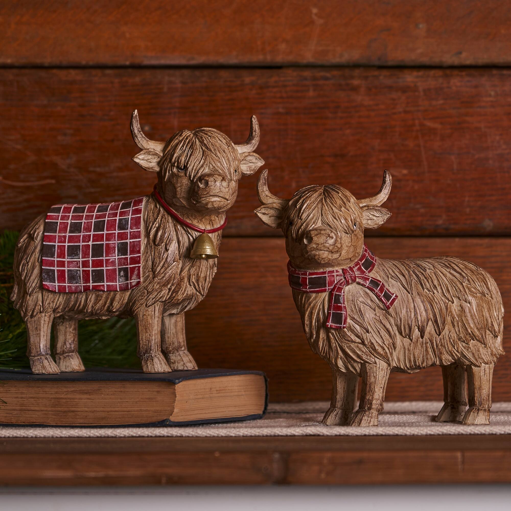 Alt View 2. BreeBe - Highland Cow Winter Figurine (Set of 2) - Red, Brown.