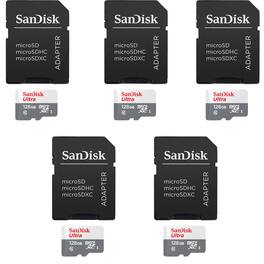 5 Units SanDisk 128GB Ultra UHS-I microSDHC Memory Card with SD Adapter