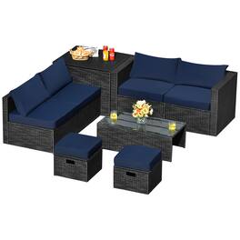Costway - 8PCS Patio Rattan Furniture Set Storage Table Ottoman cover - Blue