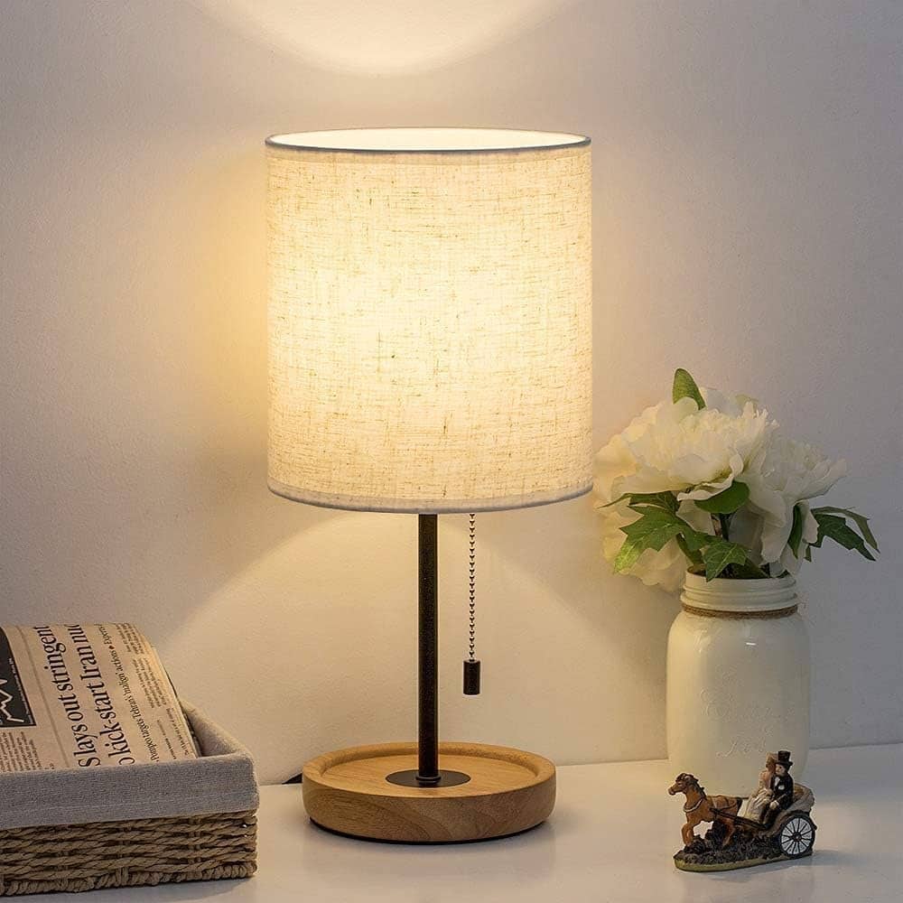 RTMB - 16" Wooden Bedside Lamp with Linen Shade, Modern Nightstand Light for Bedroom