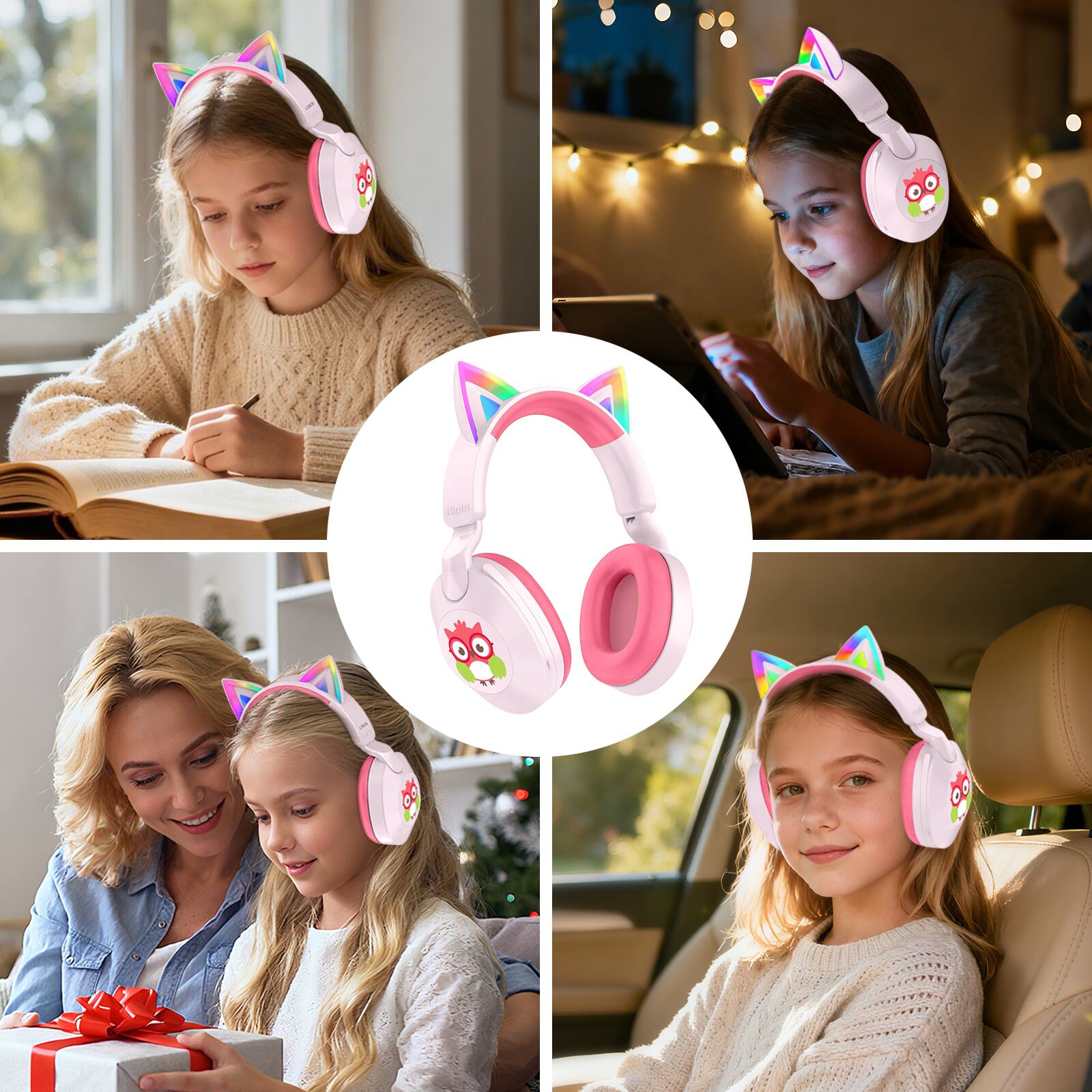 Alt View 5. Loheer - Loheer Kids Bluetooth 5.4 Headphones with Mic, 85dB Volume Limit, Cat Ear LED Lights, Wired/Wireless, Pink.