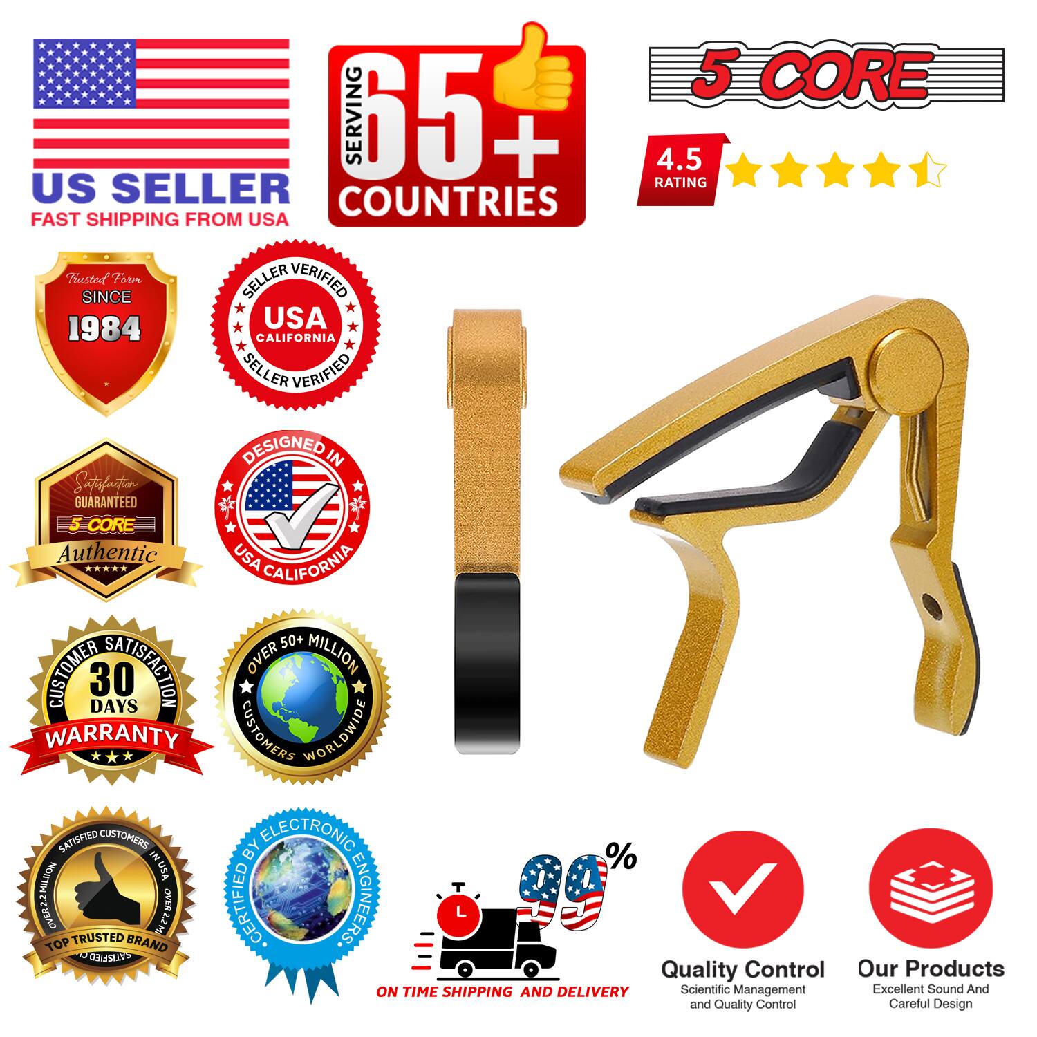 Sure, here is the corrected and grouped text from the image:

---

**US SELLER**  
FAST SHIPPING FROM USA

**5 CORE**  
SERVING 65+ COUNTRIES

**4.5 RATING**

**Trusted Form**  
SINCE 1984

**SELLER VERIFIED**  
USA CALIFORNIA

**DESIGNED IN**  
USA CALIFORNIA

**SATISFACTION GUARANTEED**

**5 CORE**  
Authentic

**30 DAYS WARRANTY**

**OVER 50+ MILLION**  
CUSTOMERS WORLDWIDE

**SATISFIED CUSTOMERS IN USA**

**TOP TRUSTED BRAND**

**ON TIME SHIPPING AND DELIVERY**

**Quality Control**  
Scientific Management and Quality Control

**Our Products**  
Excellent Sound And Careful Design

**%**  
NONTN EZNBAO HEEWBAD CERTIFIED ENGINEERS

**%**  
Scientific Management and Quality Control

**%**  
Excellent Sound And Careful Design

---