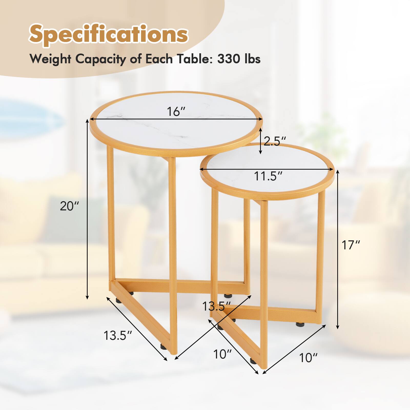 Specifications  
Weight Capacity of Each Table: 330 lbs  

16"  
2.5"  
11.5"  
20"  
17"  
13.5"  
13.5"  
10"  
10"
