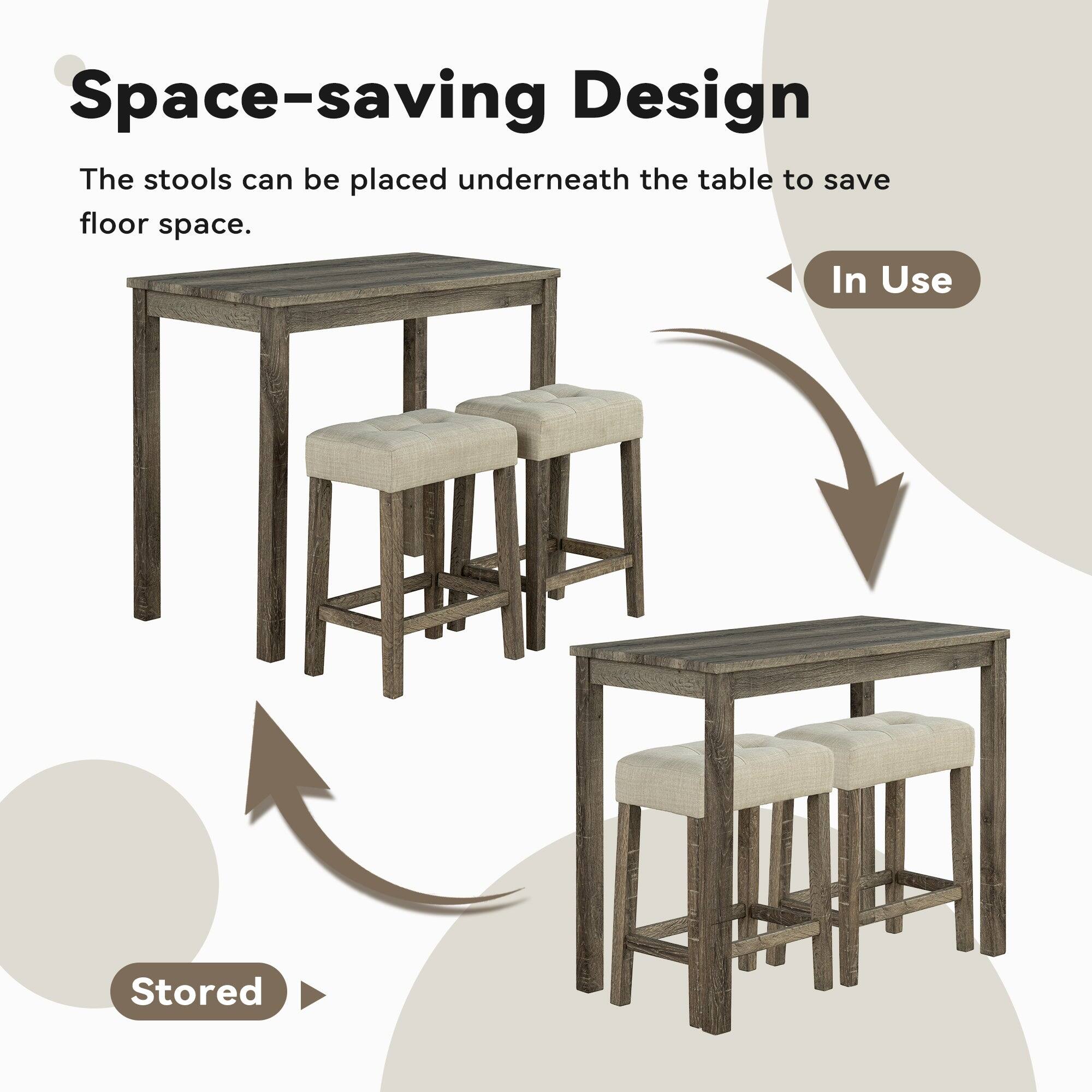 Space-saving Design  
The stools can be placed underneath the table to save floor space.  

In Use  
Stored