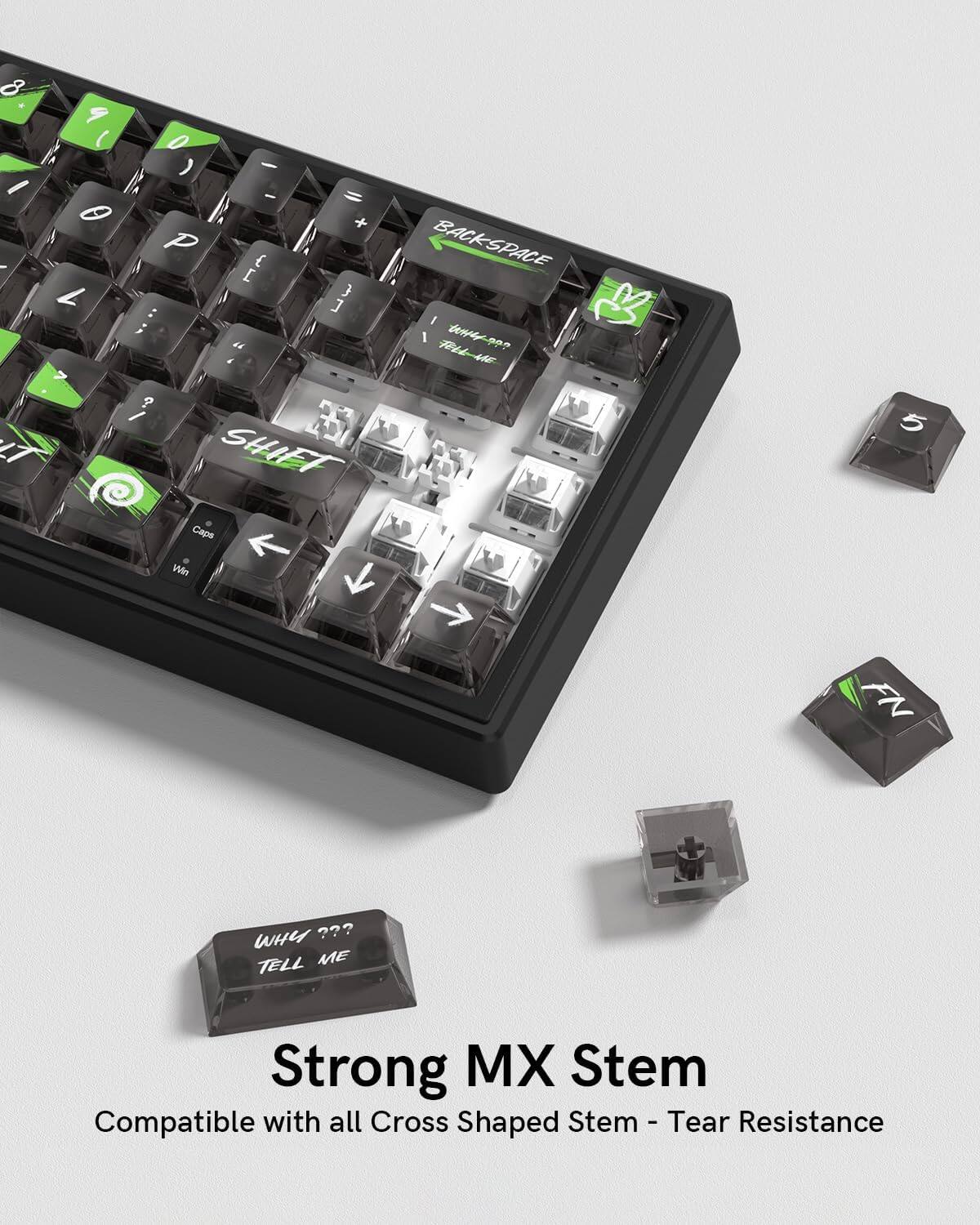 Sure, here is the corrected and grouped text from the image:

---

**Strong MX Stem**

Compatible with all Cross Shaped Stem - Tear Resistance

---

**Keycap Text:**

- "WHY ???"
- "TELL ME"

---

**Keyboard Key Labels:**

- 8
- 9
- 0
- (
- )
- -
- =
- 0
- +
- P
- {
- }
- :
- ;
- "
- '
- '
- '
- '
- '
- '
- '
- '
- '
- '
- '
- '
- '
- '
- '
- '
- '
- '
- '
- '
- '
- '
- '
- '
- '
- '
- '
- '
- '
- '
- '
- '
- '
- '
- '
- '
- '
- '
- '
- '
- '
- '
- '
- '
- '
- '
- '
- '
- '
- '
- '
- '
- '
- '
- '
- '
- '
- '
- '
- '
- '
- '
- '
- '
- '
- '
- '
- '
- '
- '
- '
- '
- '
- '
- '
- '
- '
- '
- '
- '
-