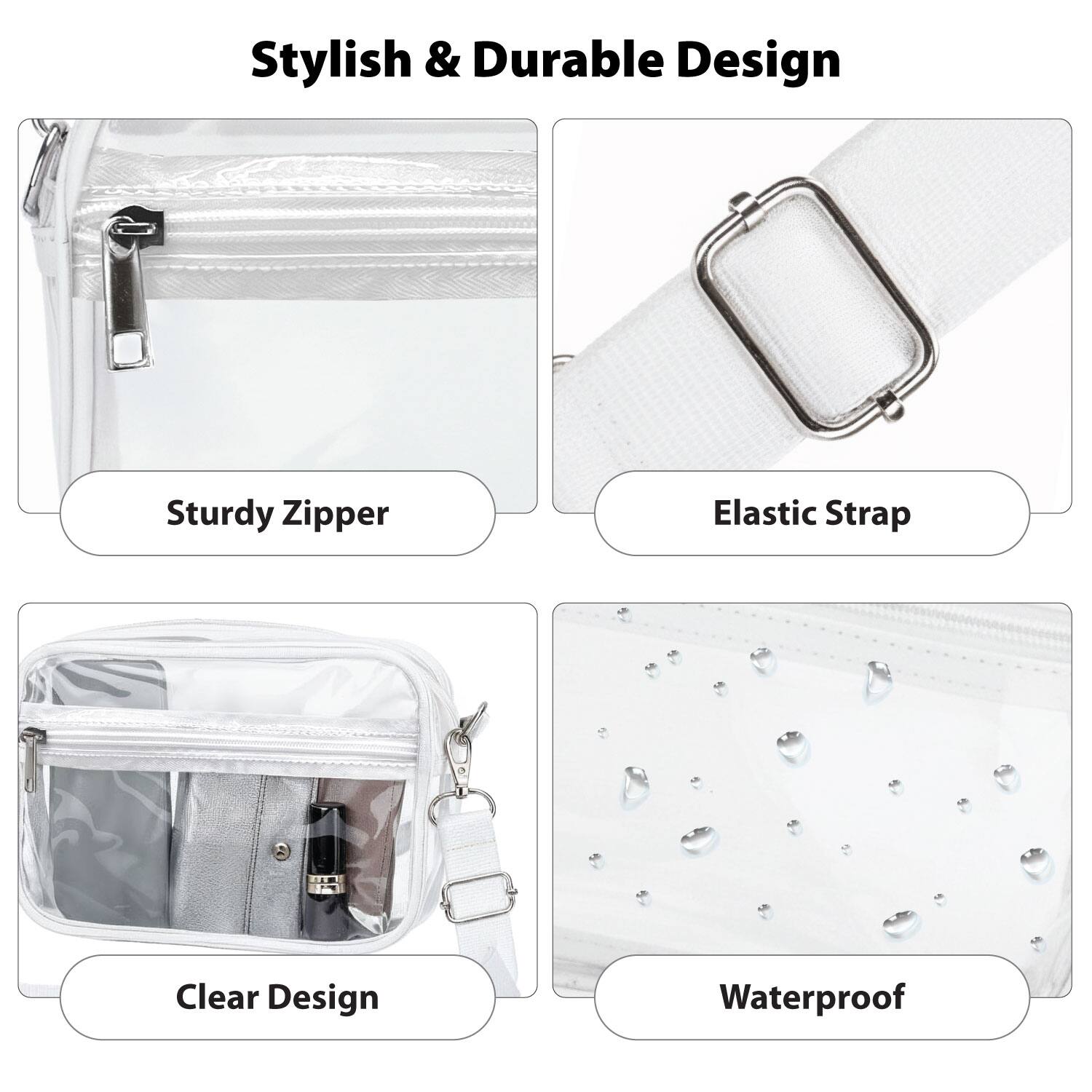 Stylish & Durable Design

- Sturdy Zipper
- Elastic Strap
- Clear Design
- Waterproof