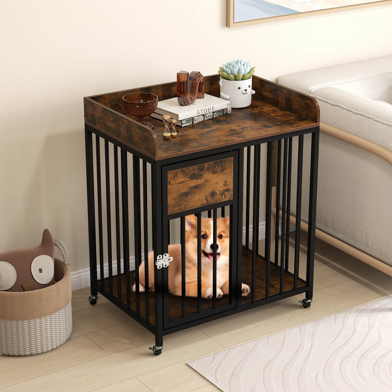 Alt View 4. Costway - Costway Dog Crate Furniture with Wheels, Metal Frame, Lockable Casters, Wide Tabletop - Rustic Brown+Black.
