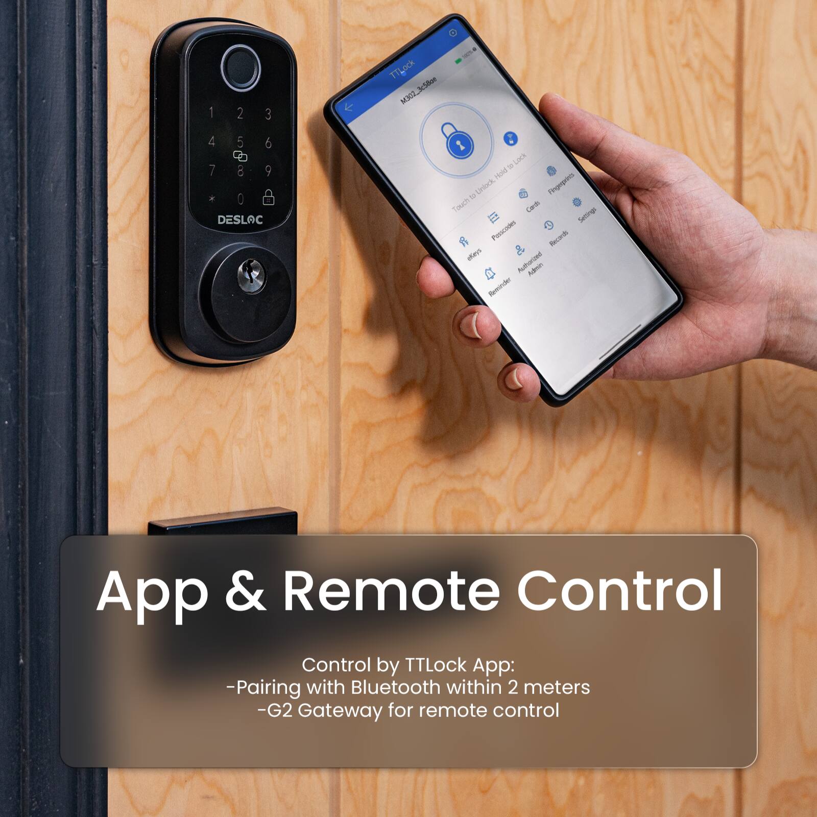 1. TTLock 35ee M302
2. DESLOC
3. Lack
4. Unlock
5. Fingerprint
6. Car Settings
7. 1 auch
8. Password Records
9. Authorized Admin
10. Reminder App & Remote Control
11. Control by TTLock App:
12. Pairing with Bluetooth within 2 meters
13. G2 Gateway for remote control