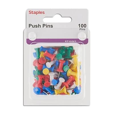 Staples - Push Pins, Colors, 100/Pack - Assorted