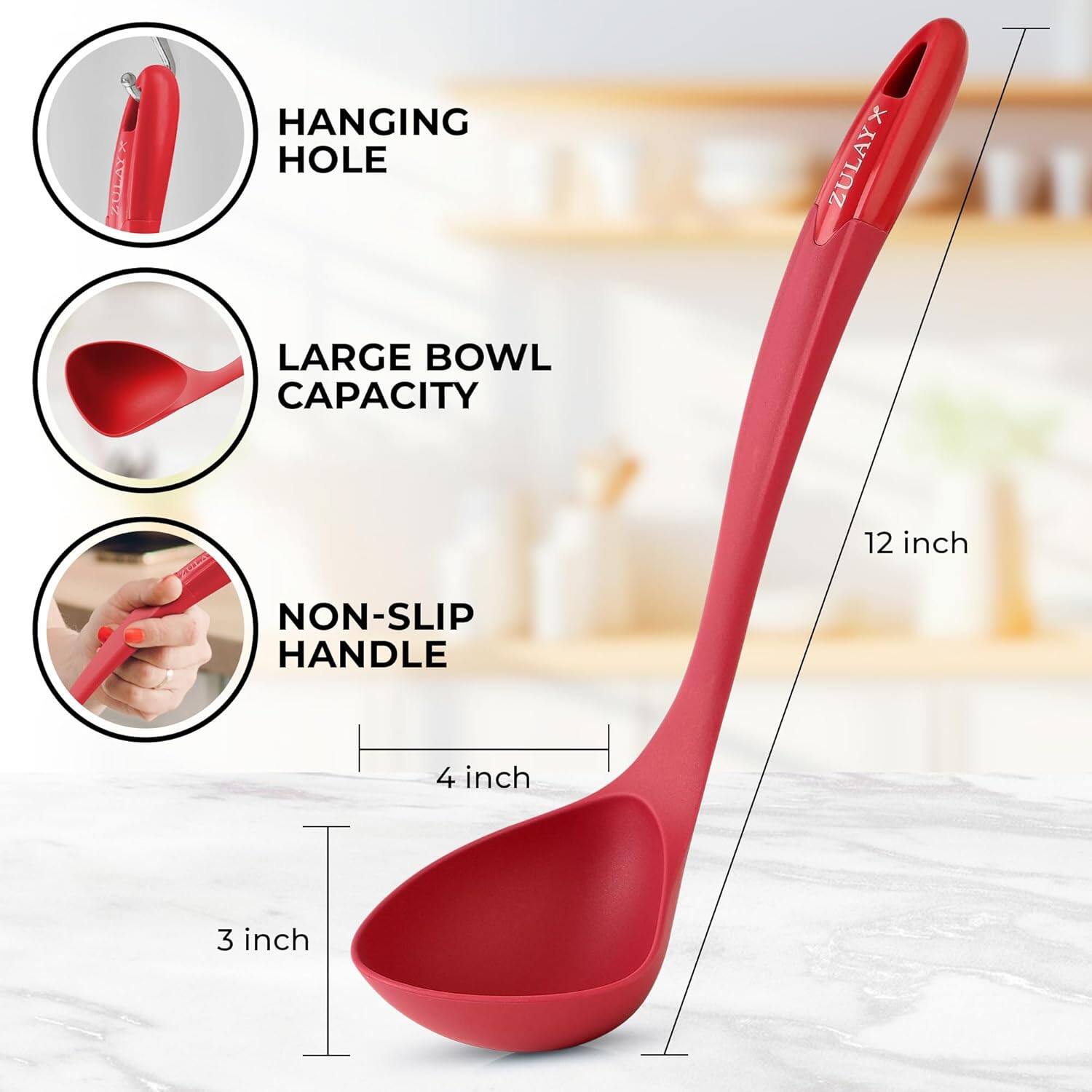 - ZULAY HANGING HOLE
- ZULAY LARGE BOWL CAPACITY
- ZULAY NON-SLIP HANDLE

Dimensions:
- 12 inch
- 4 inch
- 3 inch