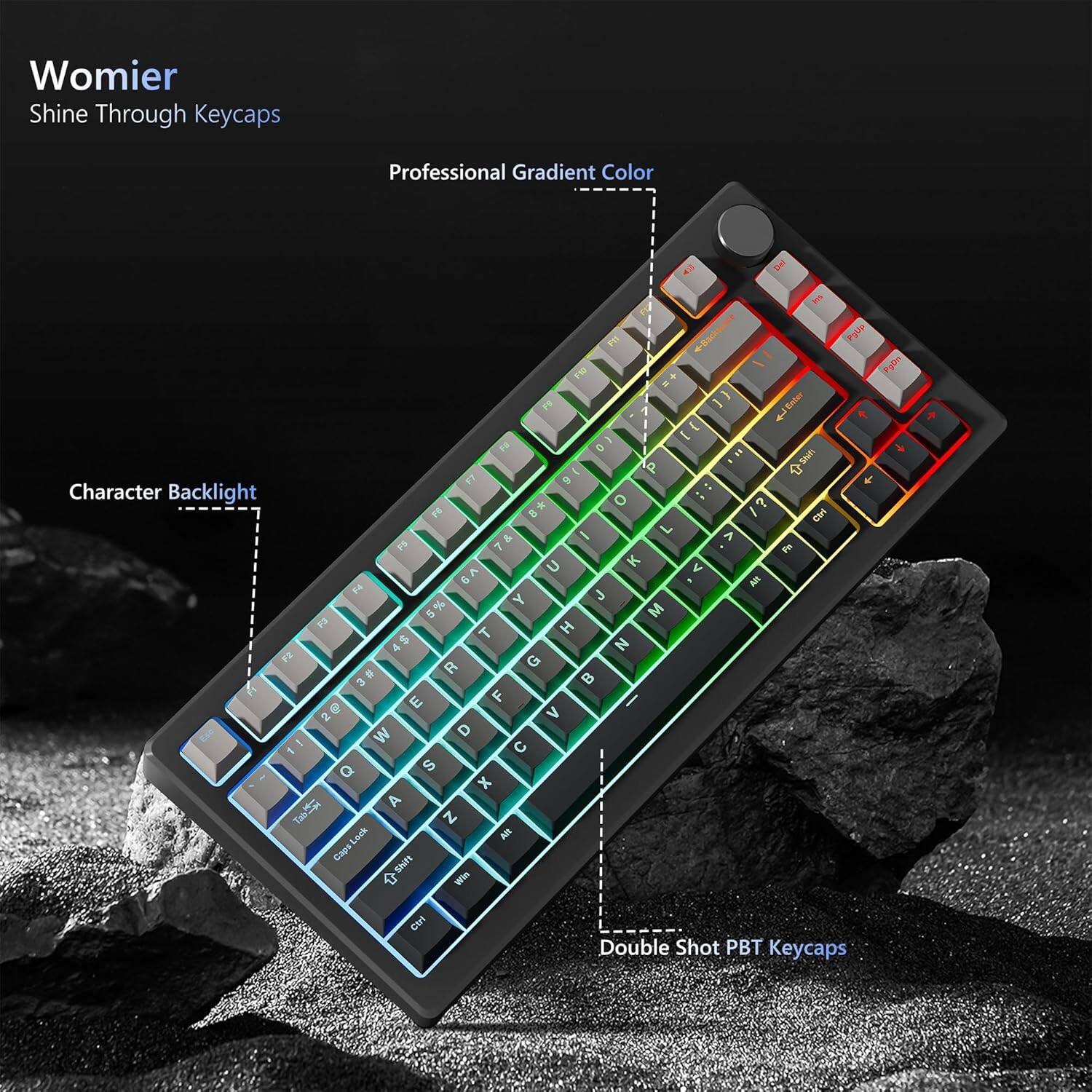Womier Shine Through Keycaps  
Professional Gradient Color  
Character Backlight  
Double Shot PBT Keycaps